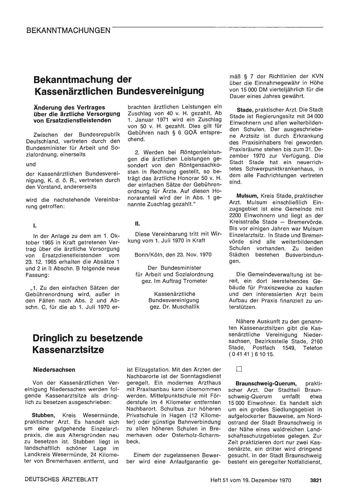 Vorschauseite 1: Bekanntmachung der Kassenärztlichen Bundesvereinigung: Änderung des Vertrages über die ärztliche Versorgung von Ersatzdienstleistenden