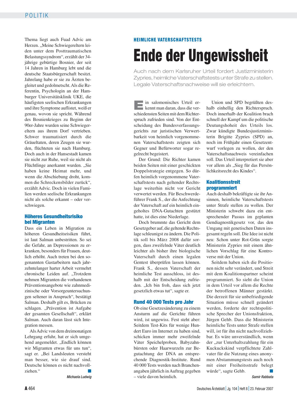 Vorschauseite 1: Heimliche Vaterschaftstests: Ende der Ungewissheit