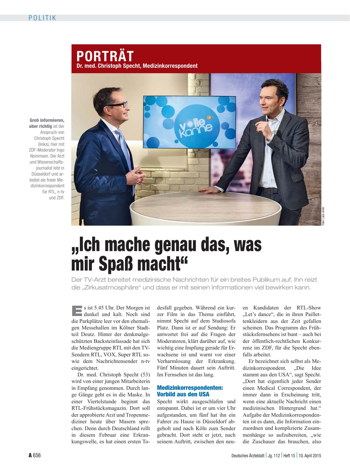 Vorschauseite 1: Dr. med. Christoph Specht, Medizinkorrespondent: „Ich mache genau das, was mir Spaß macht“
