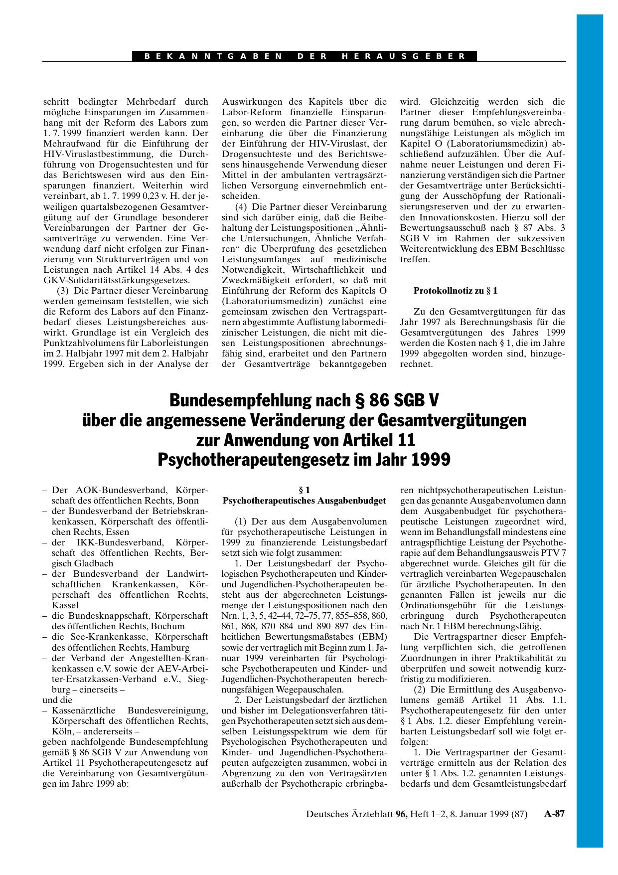 Vorschauseite 1: Bundesempfehlung nach § 86 SGB V über die angemessene Veränderung der Gesamtvergütungen zur: Anwendung von Artikel 11 Psychotherapeutengesetz im Jahr 1999