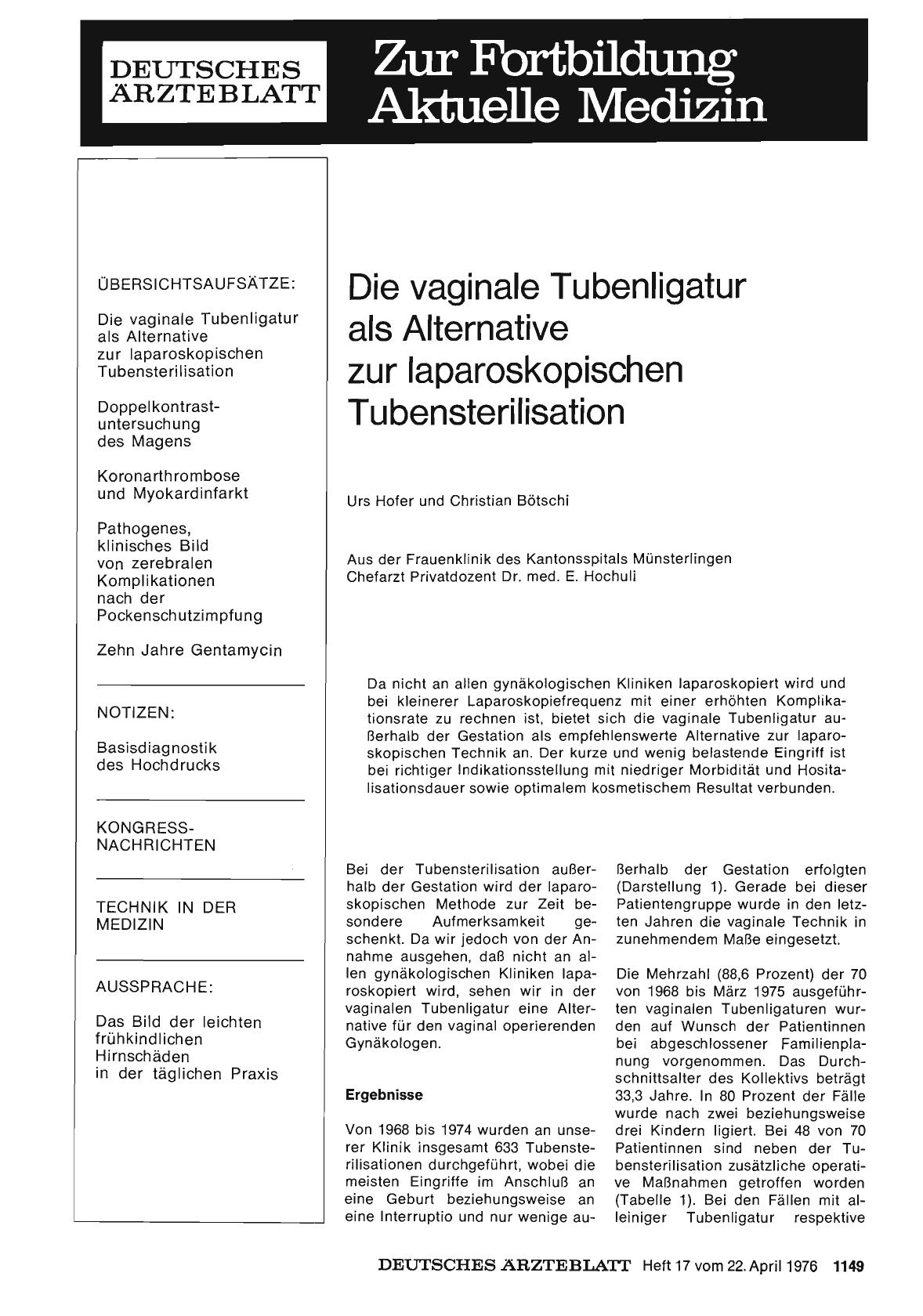 Vorschauseite 1: Die vaginale Tubenligatur als Alternative zur laparoskopischen Tubensterilisation
