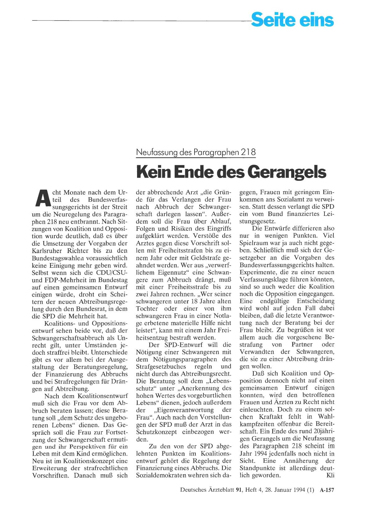 Vorschauseite 1: Neufassung des Paragraphen 218: Kein Ende des Gerangels