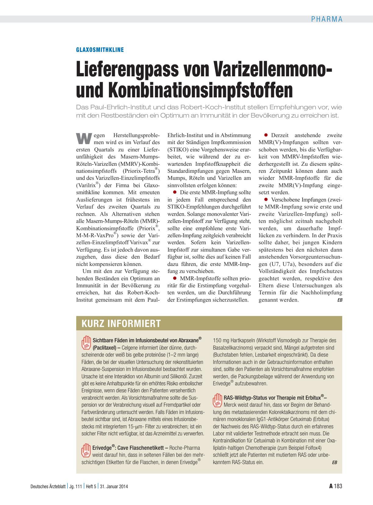 Vorschauseite 1: GlaxoSmithKline: Lieferengpass von Varizellenmonound Kombinationsimpfstoffen