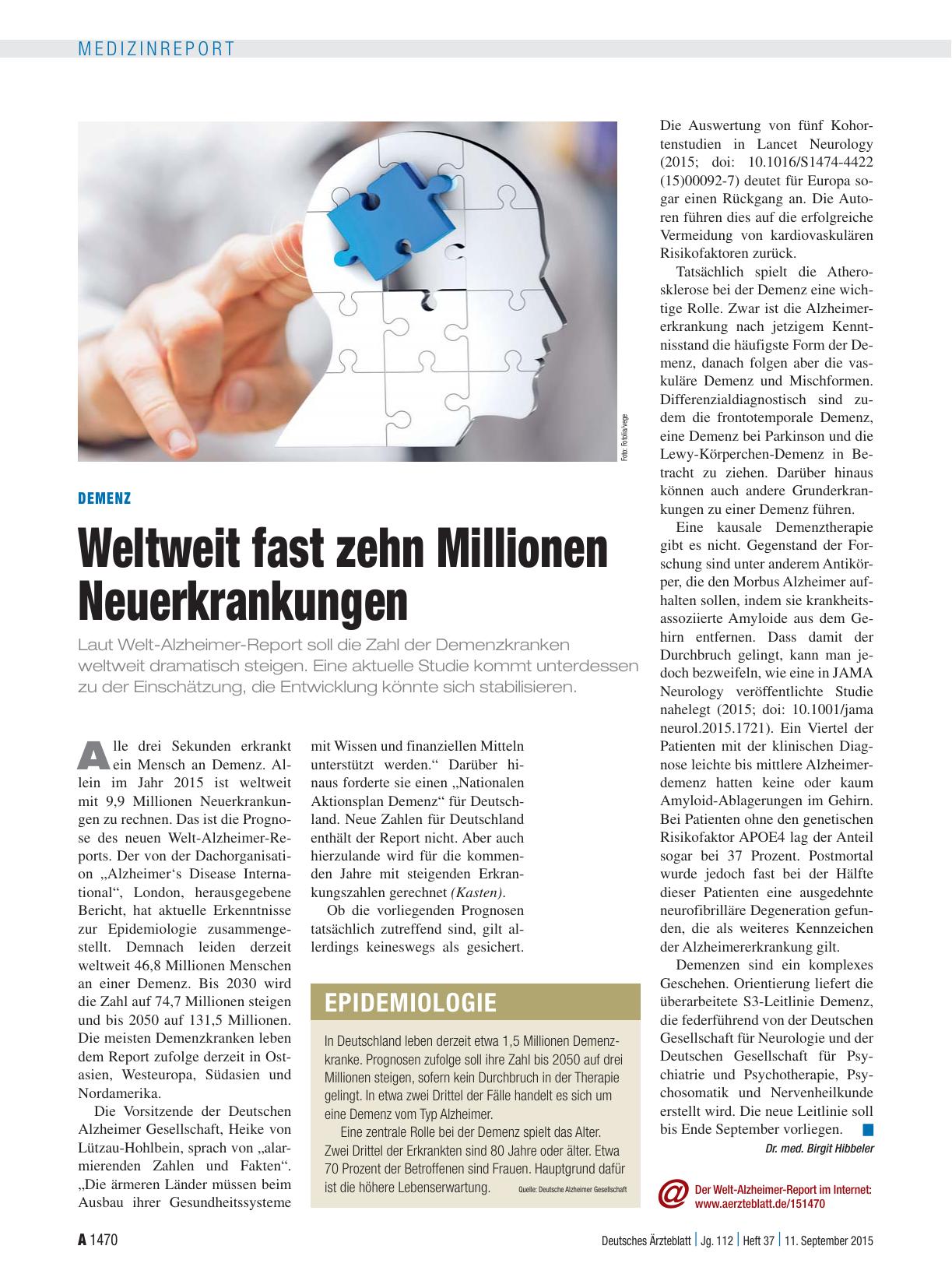 Vorschauseite 1: Demenz: Weltweit fast zehn Millionen Neuerkrankungen