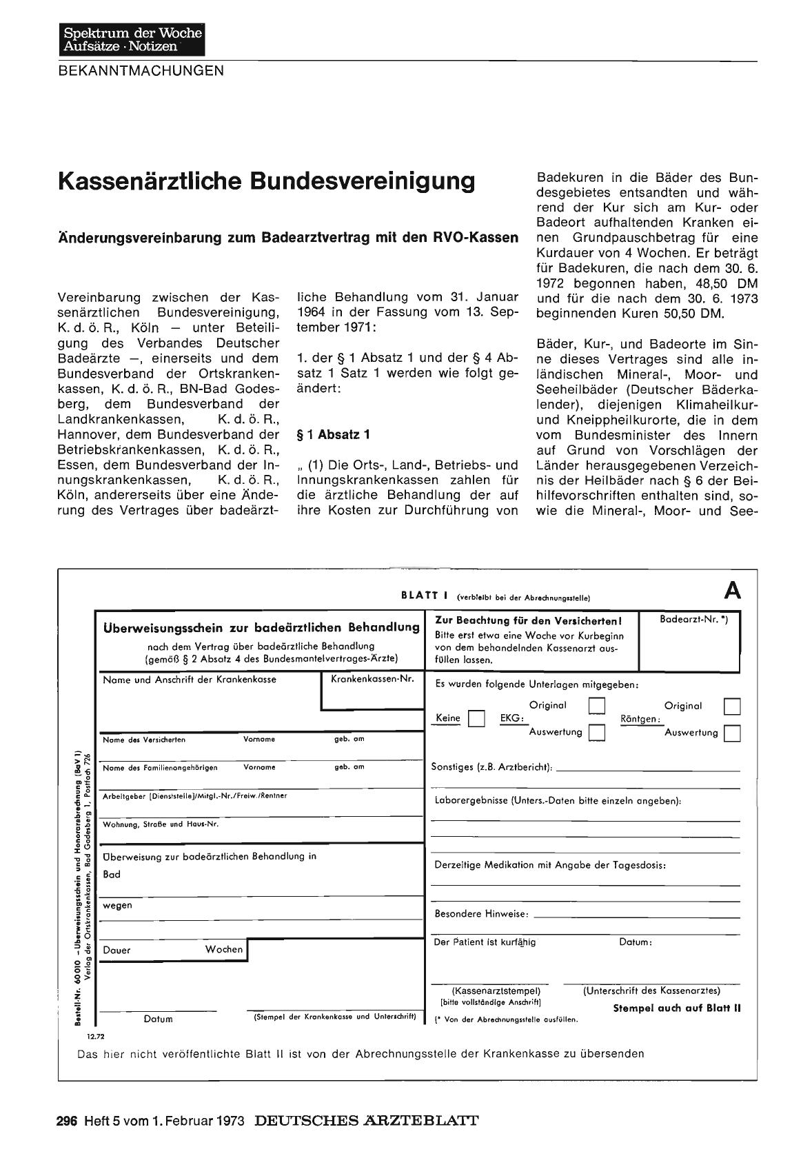 Vorschauseite 1: Kassenärztliche Bundesvereinigung: Änderungsvereinbarung zum Badearztvertrag mit den RVO-Kassen