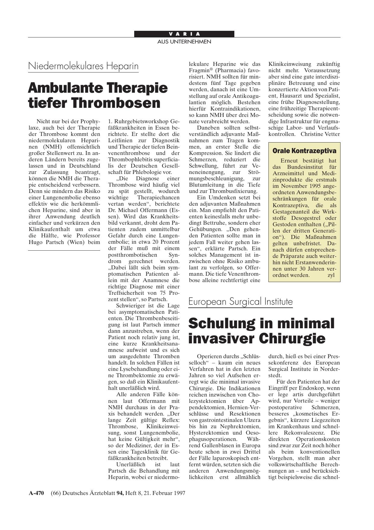Vorschauseite 1: Niedermolekulares Heparin: Ambulante Therapie tiefer Thrombosen