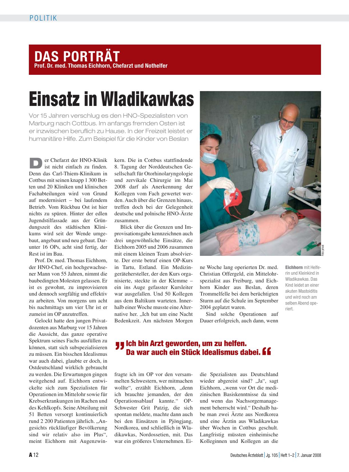 Vorschauseite 1: Das Porträt: Prof. Dr. med. Thomas Eichhorn, Chefarzt und Nothelfer – Einsatz in Wladikawkas