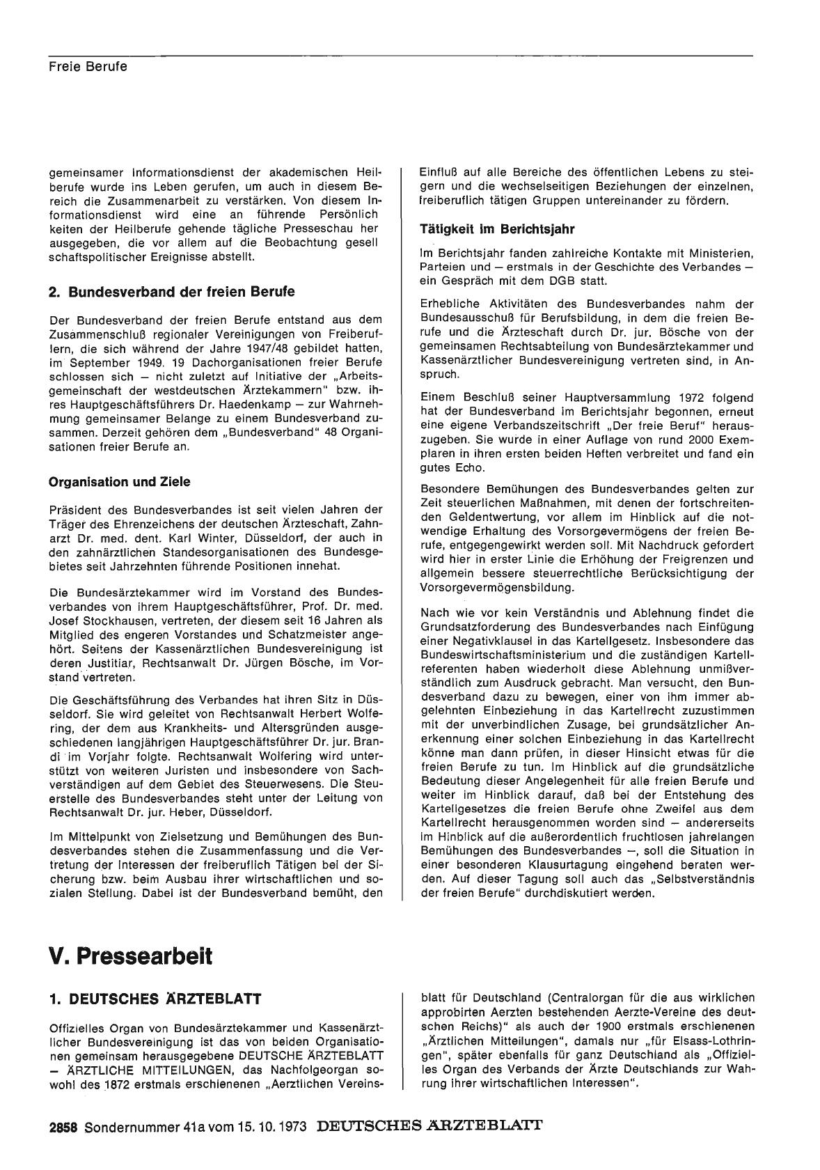 Vorschauseite 1: Bericht über das Jahr 1972/73: L. Die ärztliche Standesorganisation: V. Pressearbeit