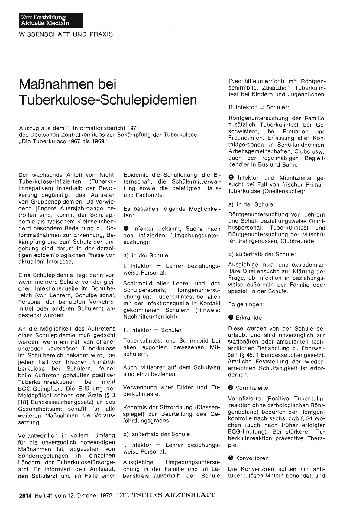 Vorschauseite 1: Maßnahmen bei Tuberkulose-Schulepidemien: Auszug aus dem 1. Informationsbericht 1971 des Deutschen Zentralkomitees zur Bekämpfung der Tuberkulose „Die Tuberkulose 1967 bis 1969"