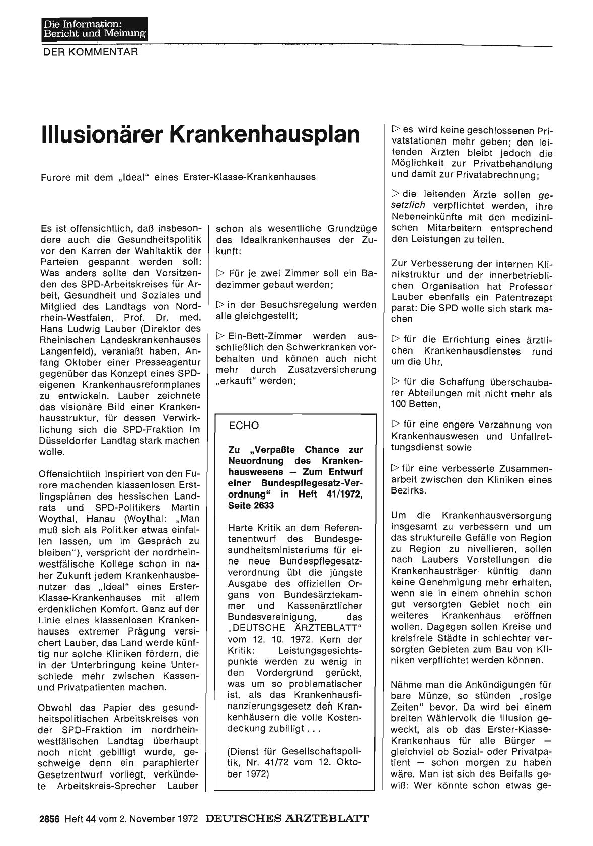 Vorschauseite 1: Illusionärer Krankenhausplan: Furore mit dem „Ideal" eines Erster-Klasse-Krankenhauses
