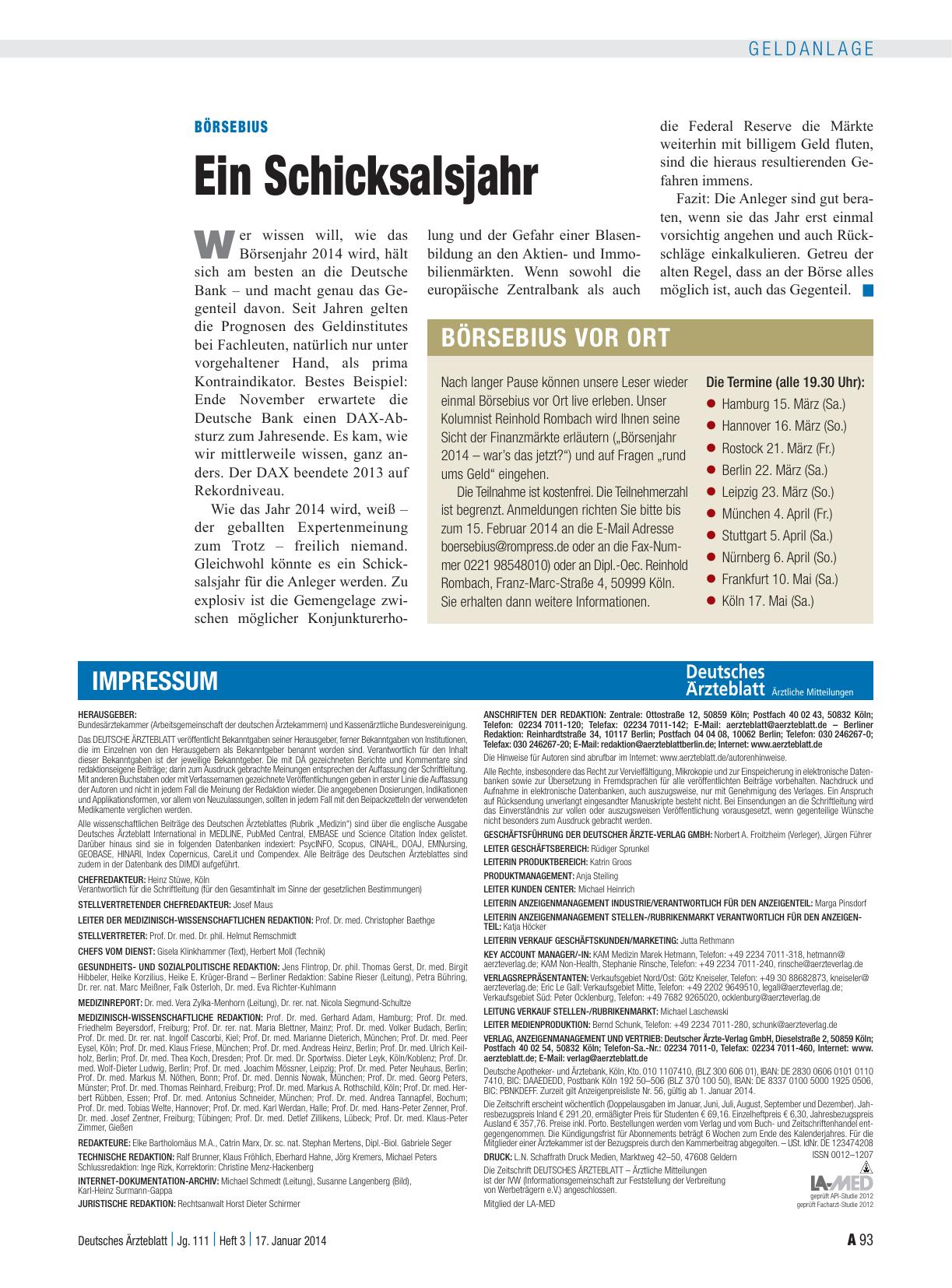Vorschauseite 1: Börsebius: Ein Schicksalsjahr