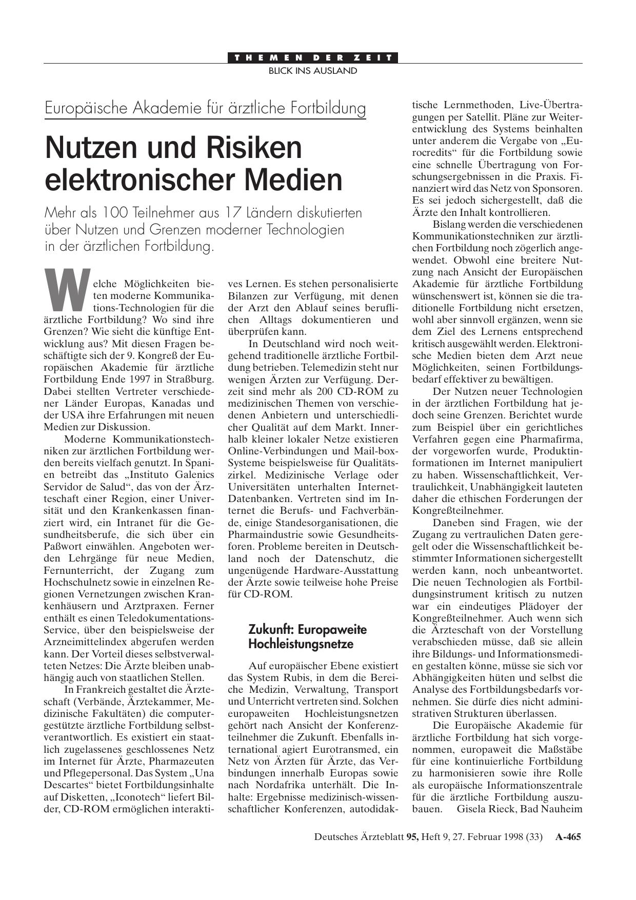 Vorschauseite 1: Europäische Akademie für ärztliche Fortbildung: Nutzen und Risiken elektronischer Medien