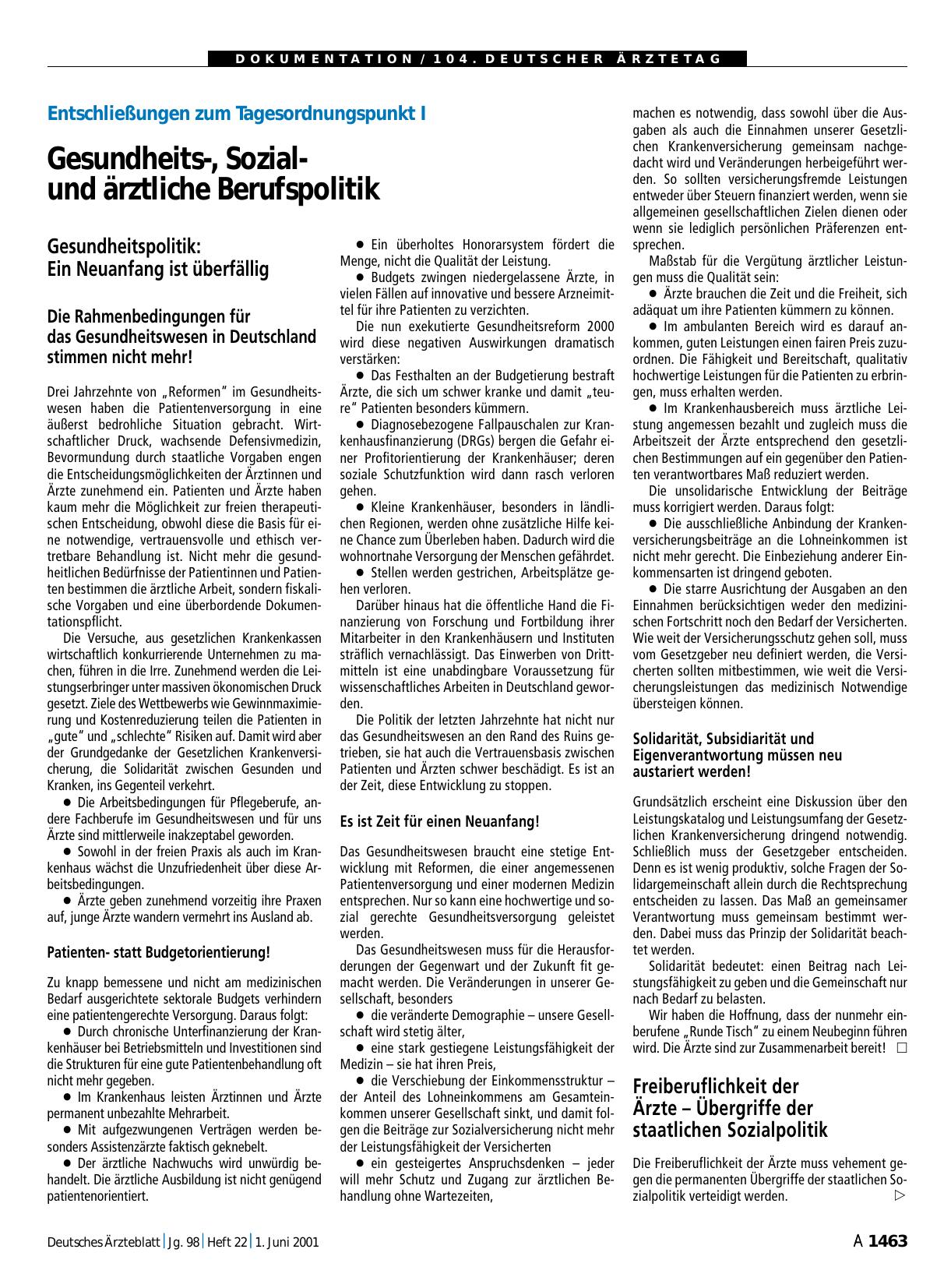Vorschauseite 1: Entschließungen zum Tagesordnungspunkt I: Gesundheits-, Sozialund ärztliche Berufspolitik