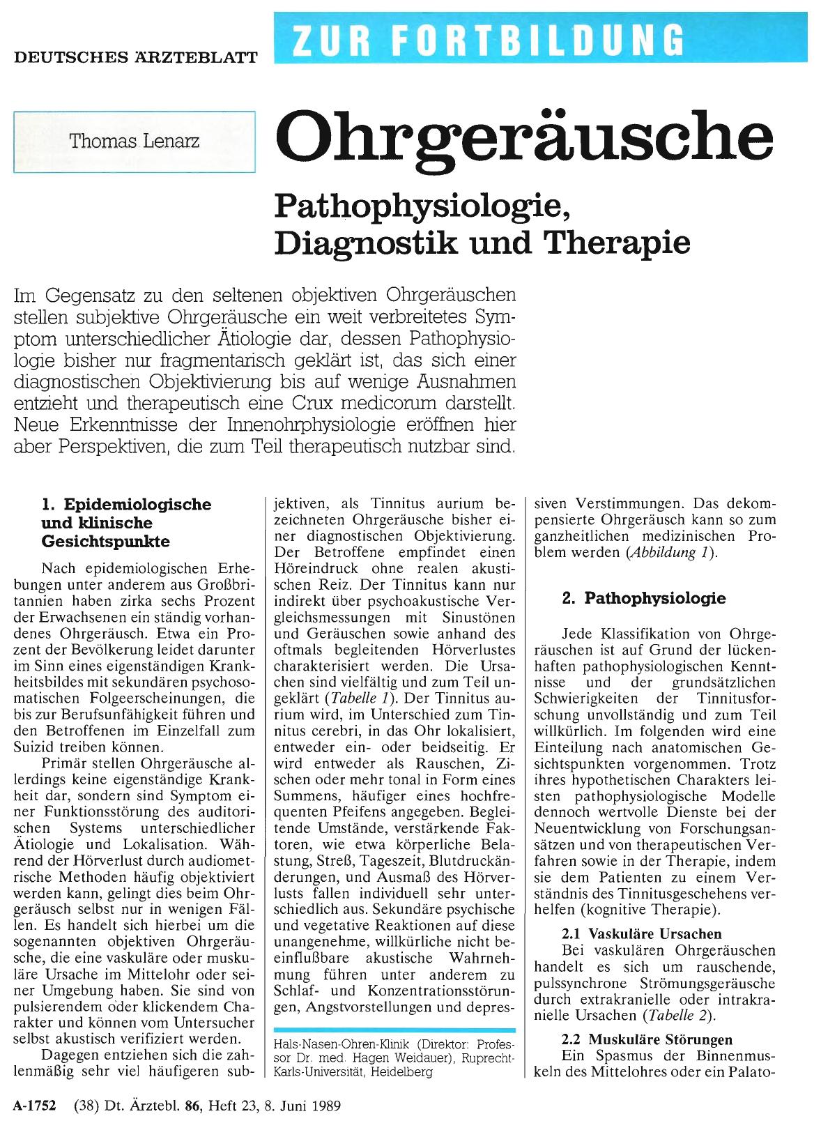 Vorschauseite 1: Ohrgeräusche: Pathophysiologie, Diagnostik und Therapie