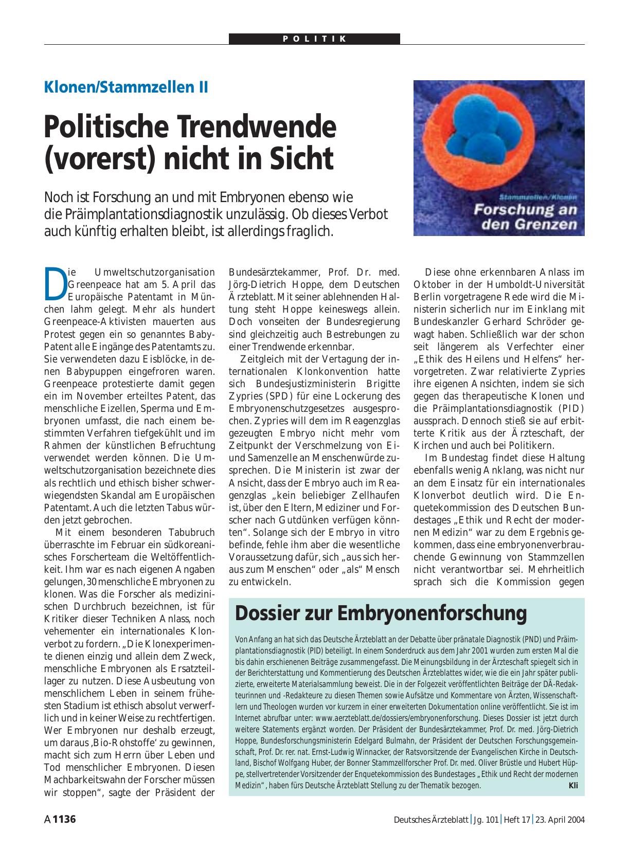 Vorschauseite 1: Dossier zur Embryonenforschung