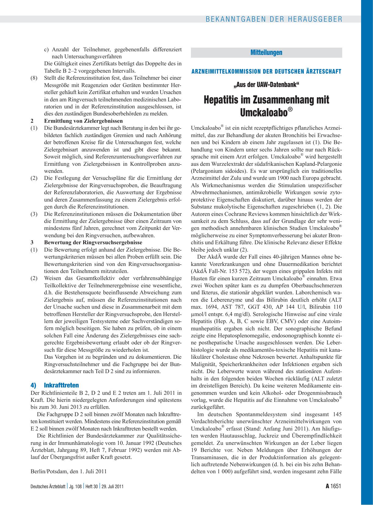 Vorschauseite 1: Arzneimittelkommission der Deutschen Ärzteschaft: „Aus der UAW-Datenbank“ Hepatitis im Zusammenhang mit Umckaloabo ®