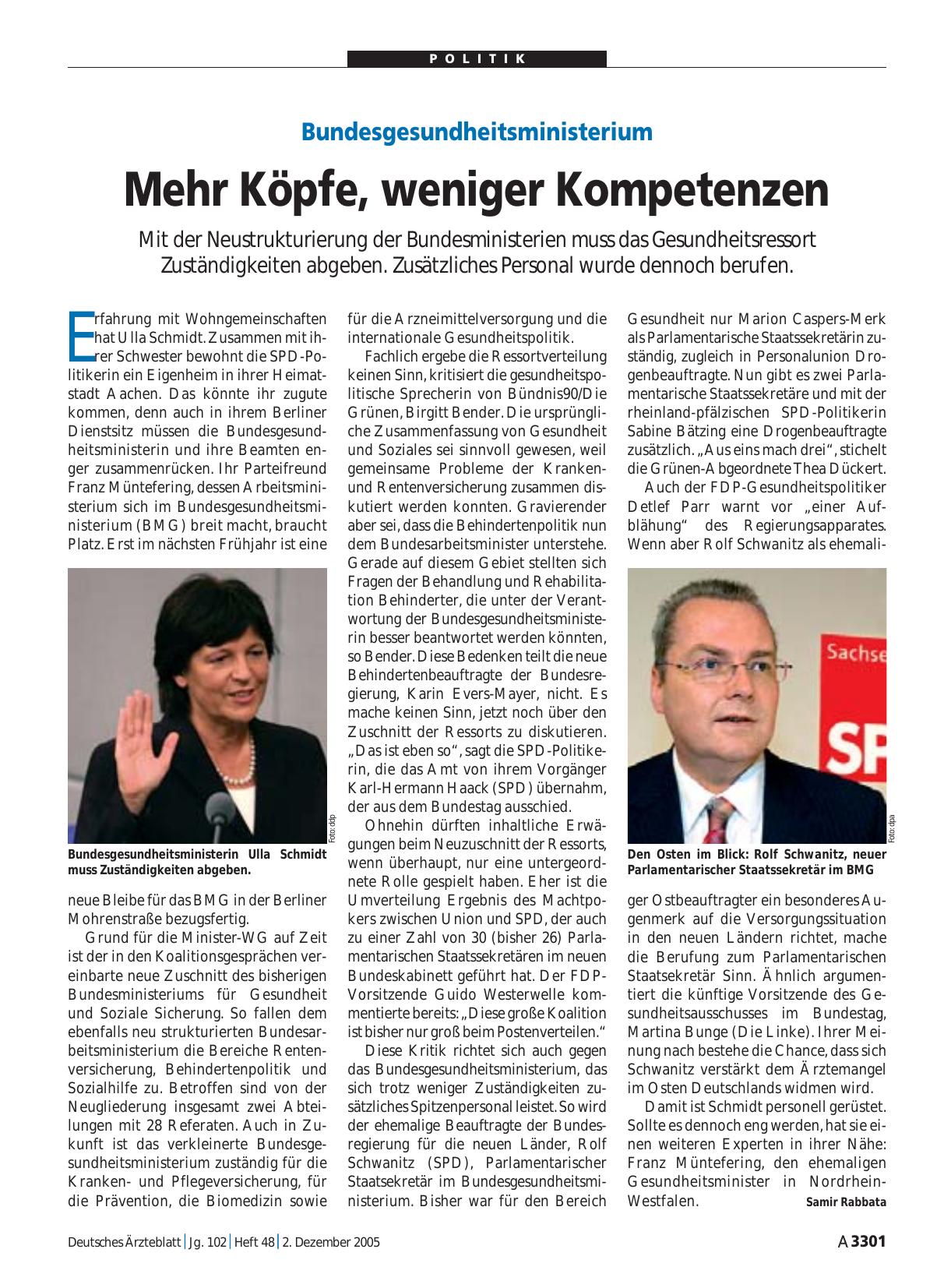 Vorschauseite 1: Bundesgesundheitsministerium: Mehr Köpfe, weniger Kompetenzen