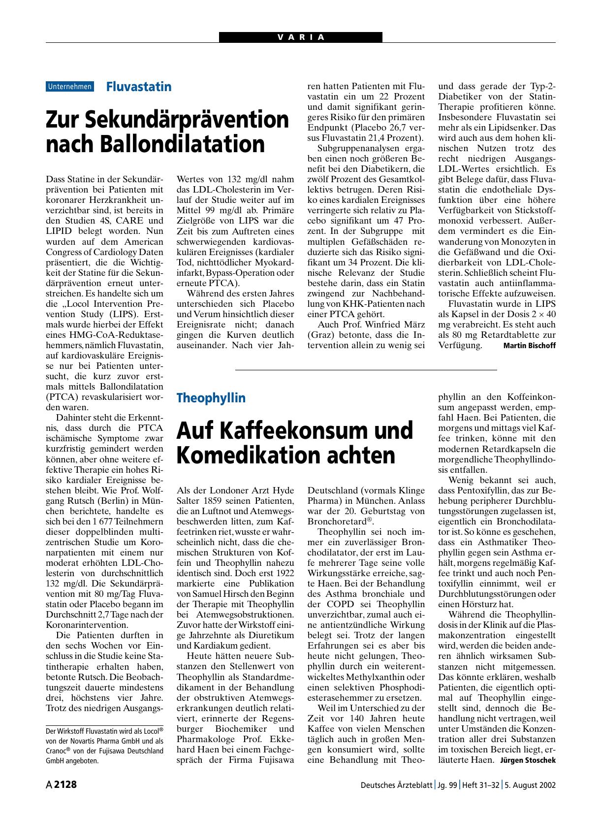 Vorschauseite 1: Fluvastatin: Zur Sekundärprävention nach Ballondilatation