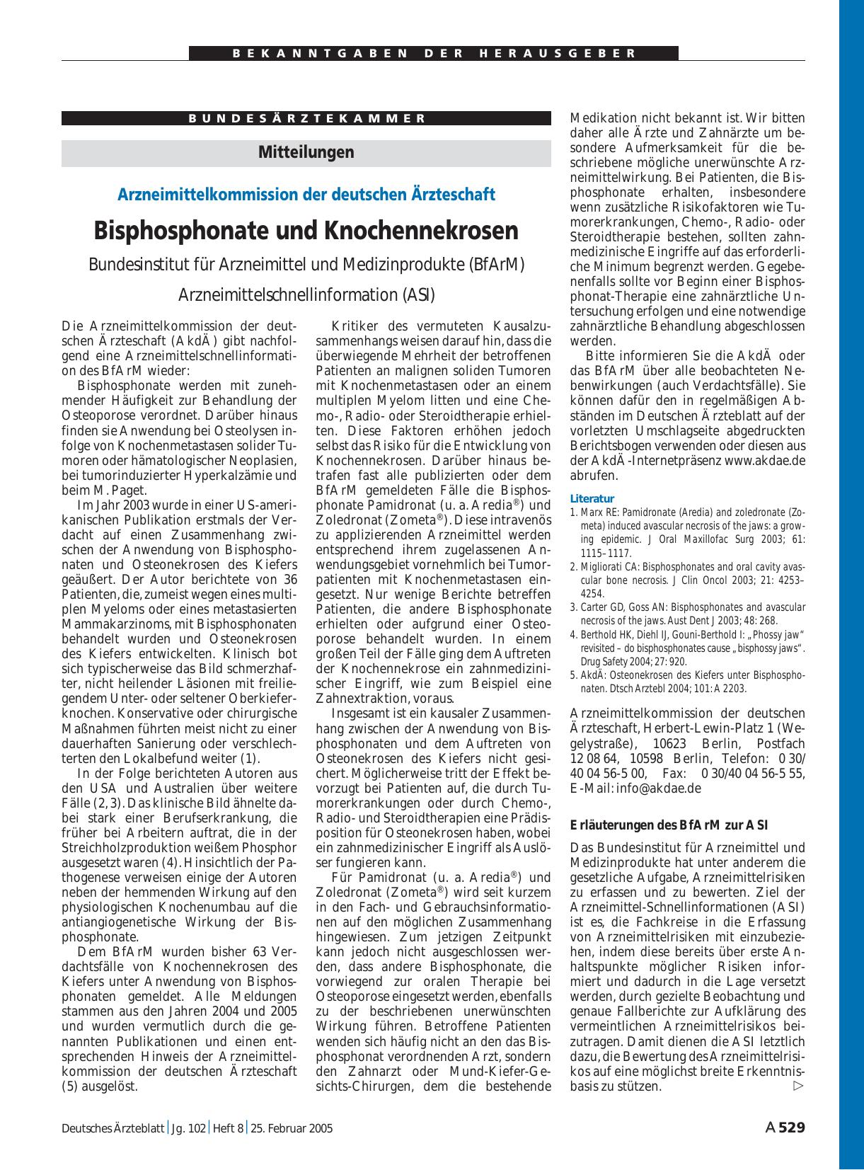 Vorschauseite 1: Arzneimittelkommission der deutschen Ärzteschaft: Bisphosphonate und Knochennekrosen