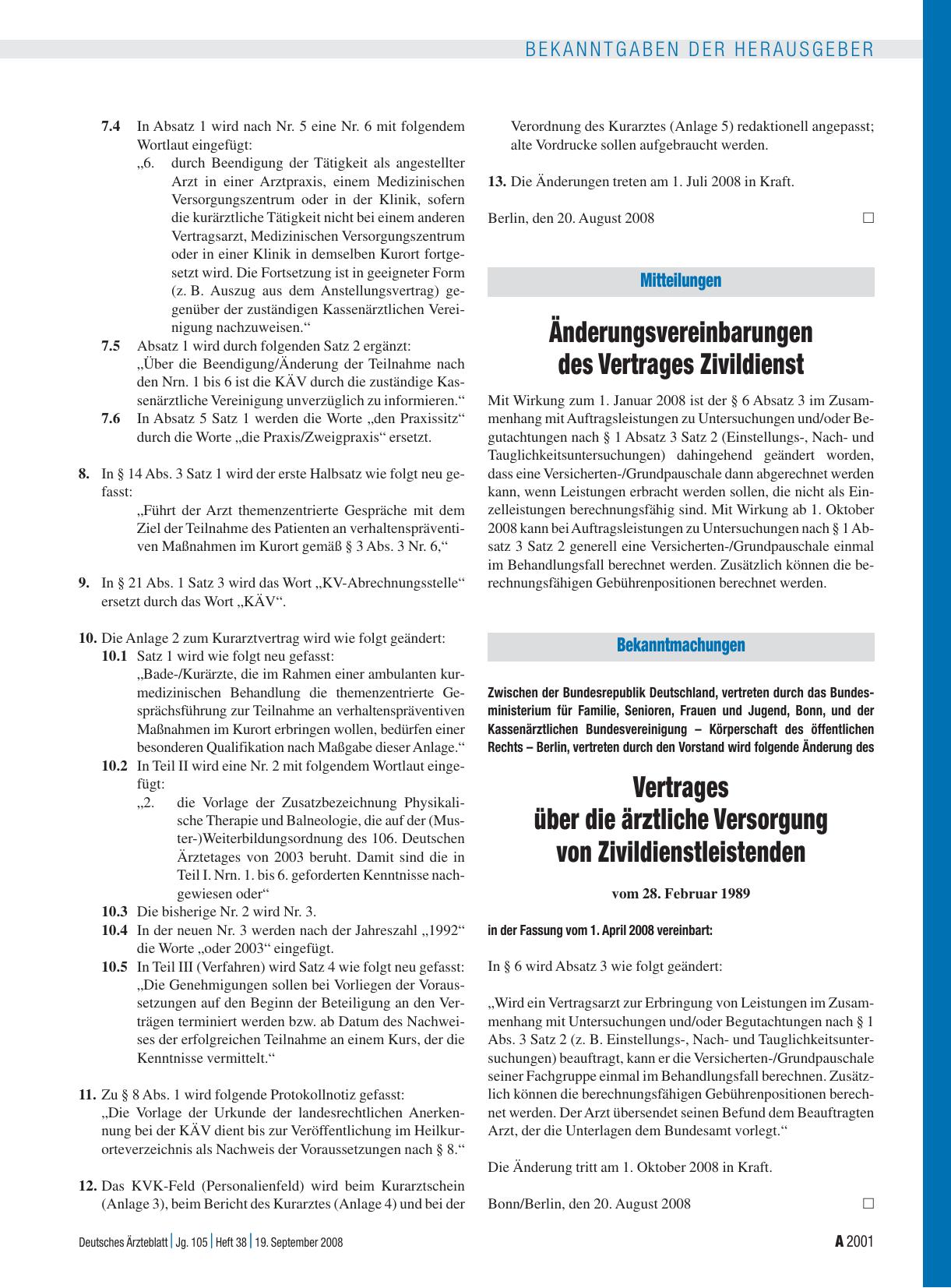 Vorschauseite 1: Zwischen der Bundesrepublik Deutschland, vertreten durch das Bundesministerium für Familie, Senioren, Frauen und Jugend, Bonn, und der Kassenärztlichen Bundesvereinigung – Körpers…