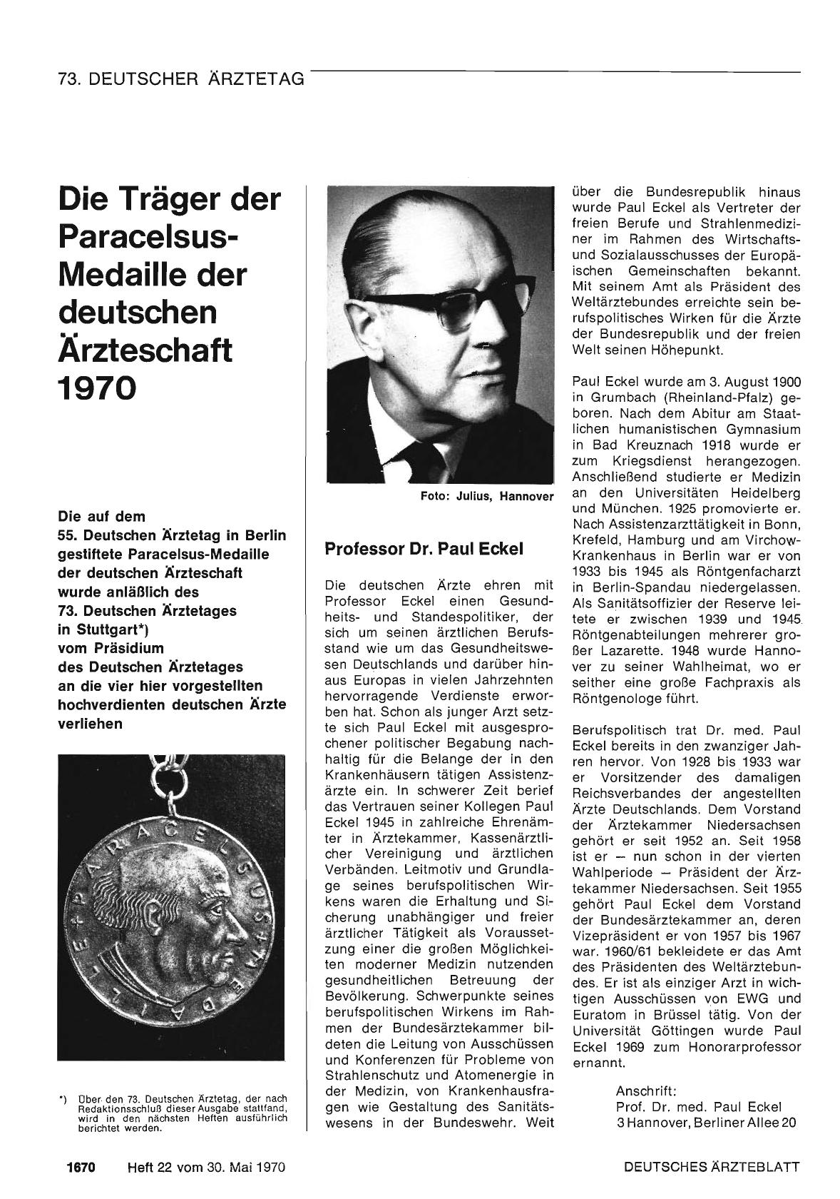 Vorschauseite 1: Die Träger der ParacelsusMedaille der deutschen Ärzteschaft 1970