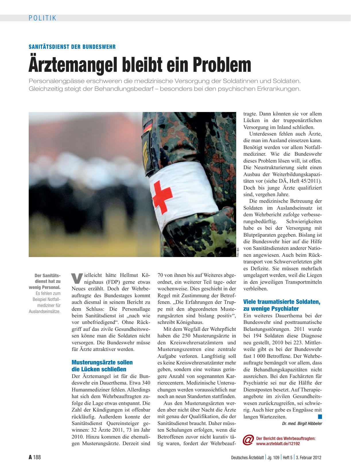 Vorschauseite 1: Sanitätsdienst der Bundeswehr: Ärztemangel bleibt ein Problem