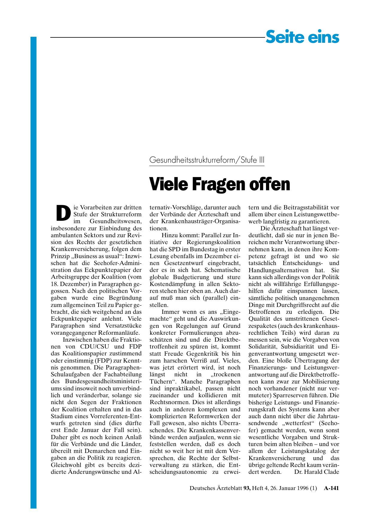 Vorschauseite 1: Gesundheitsstrukturreform/Stufe III: Viele Fragen offen