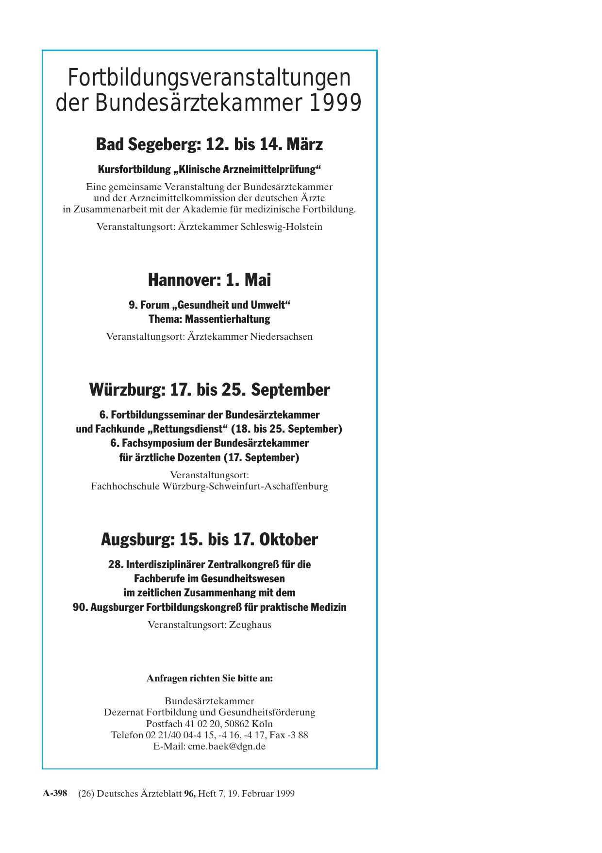 Vorschauseite 1: Fortbildungsveranstaltungen der Bundesärztekammer 1999