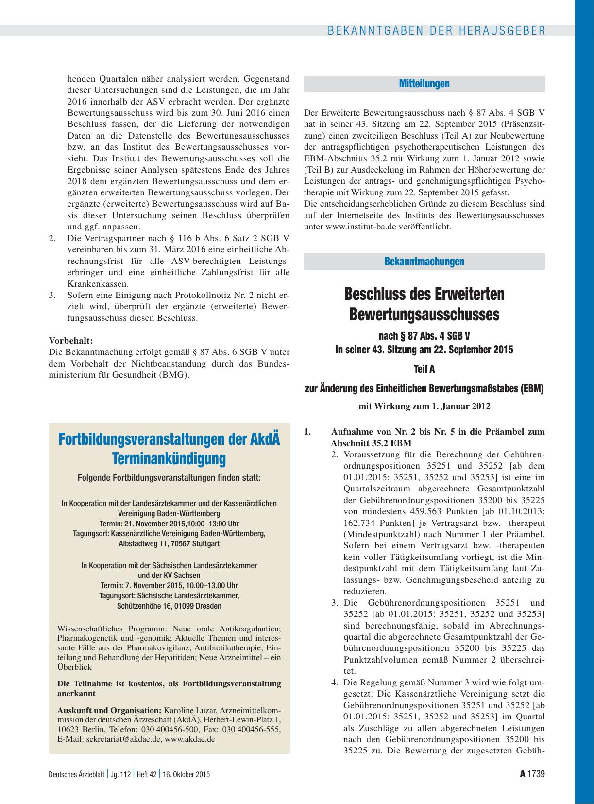 Vorschauseite 1: Beschluss des Erweiterten Bewertungsausschusses nach § 87 Abs. 4 SGB V in seiner 43. Sitzung am 22. September 2015 Teil A zur Änderung des Einheitlichen Bewertungsmaßstabes (EBM)…