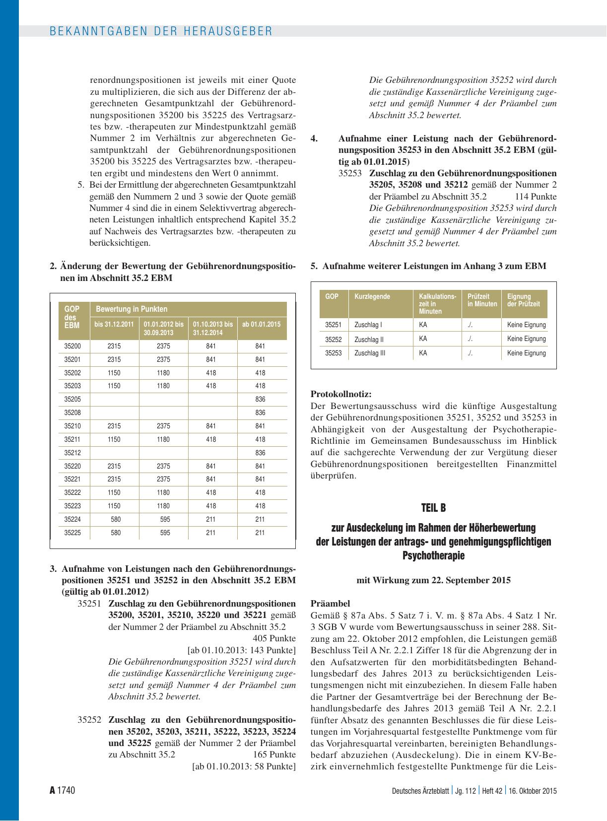 Vorschauseite 2: Beschluss des Erweiterten Bewertungsausschusses nach § 87 Abs. 4 SGB V in seiner 43. Sitzung am 22. September 2015 Teil A zur Änderung des Einheitlichen Bewertungsmaßstabes (EBM)…