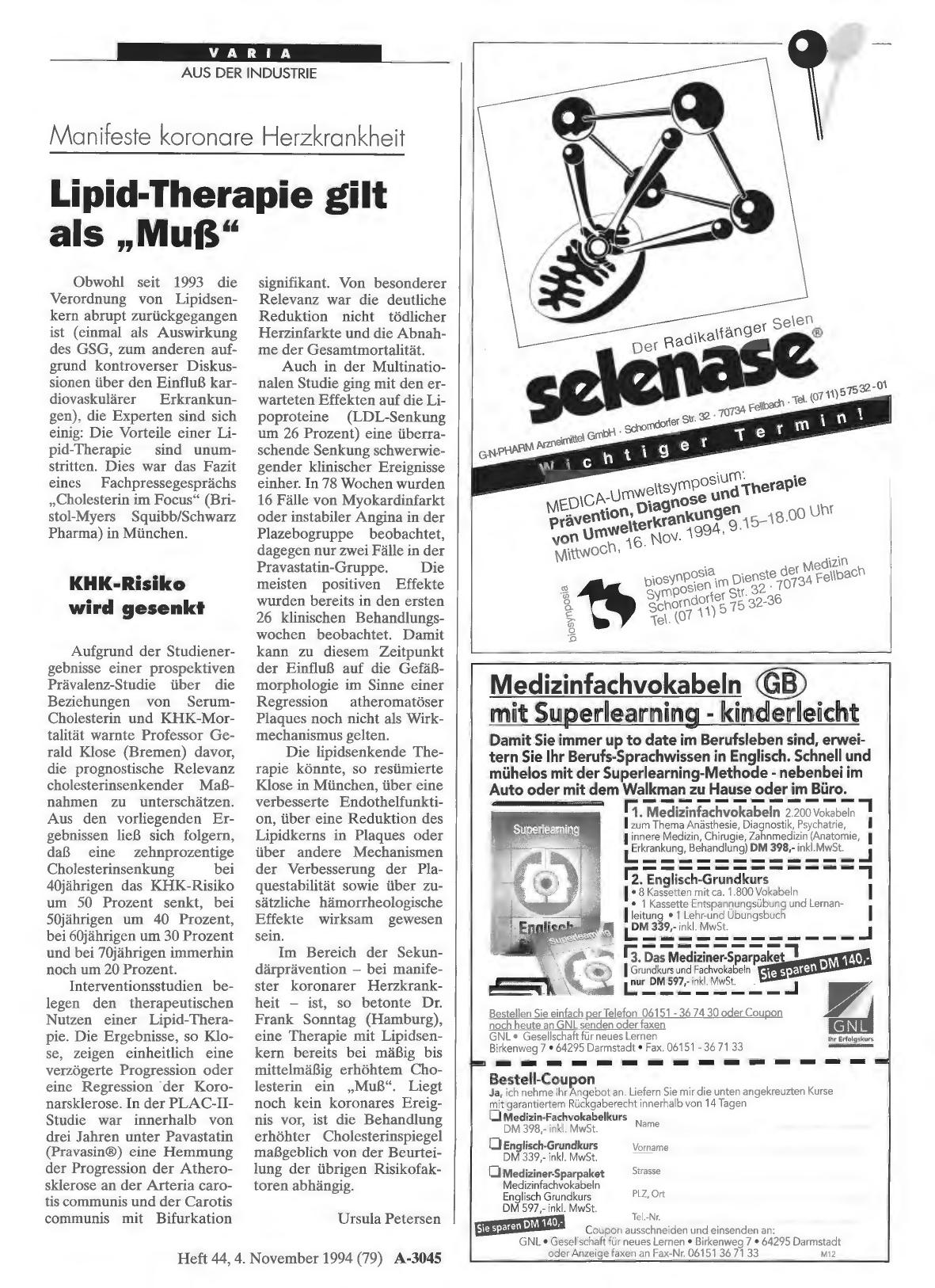Vorschauseite 1: Manifeste koronare Herzkrankheit: Lipid-Therapie gilt als „Muß“