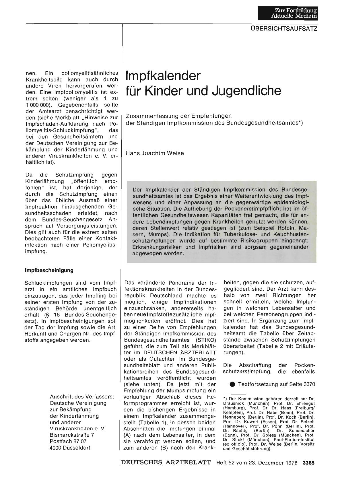 Vorschauseite 1: Impfkalender für Kinder und Jugendliche: Zusammenfassung der Empfehlungen der Ständigen Impfkommission des Bundesgesundheitsamtes