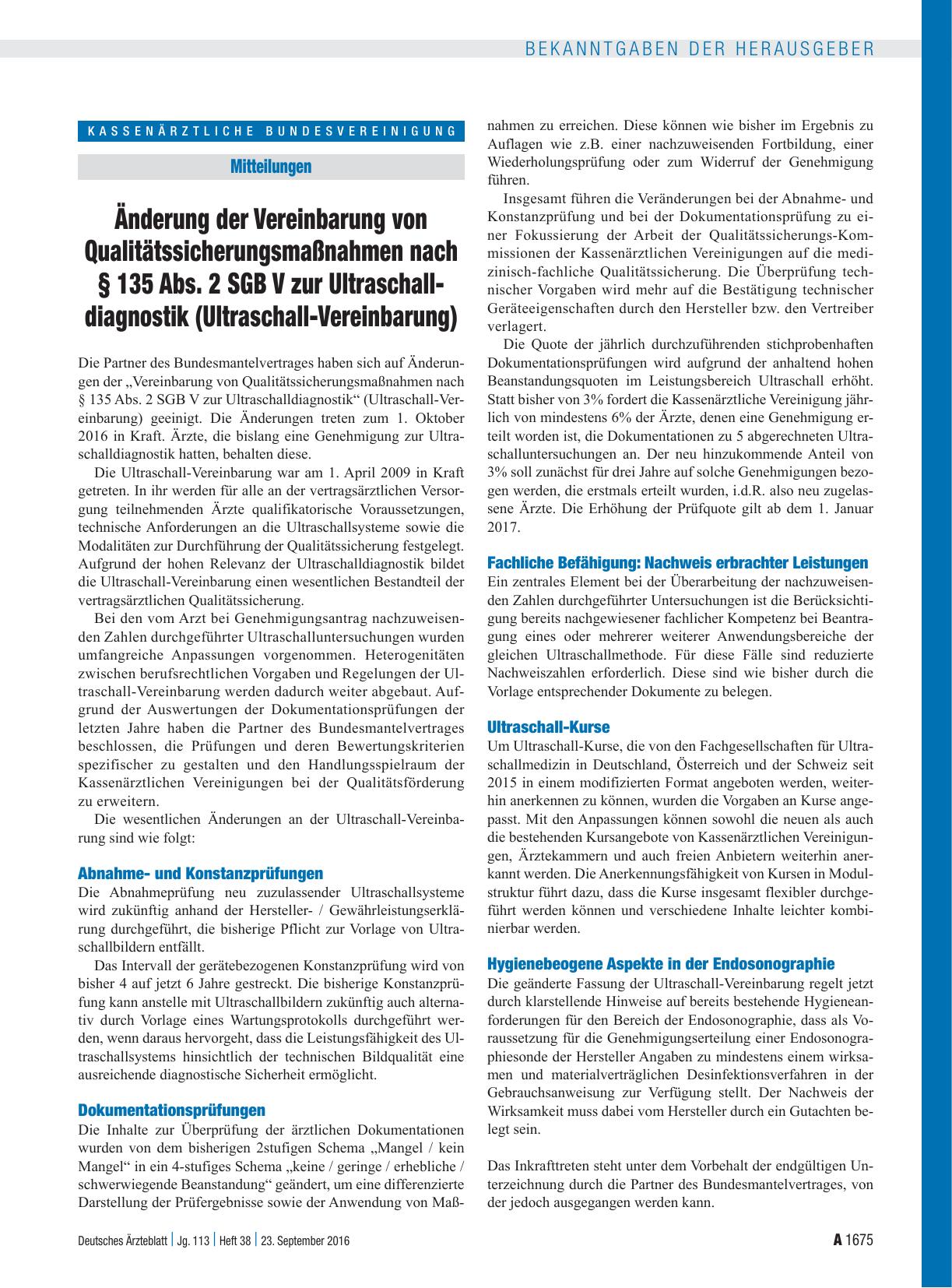Vorschauseite 1: Änderung der Vereinbarung von Qualitätssicherungsmaßnahmen nach § 135 Abs. 2 SGB V zur Ultraschalldiagnostik (Ultraschall-Vereinbarung)