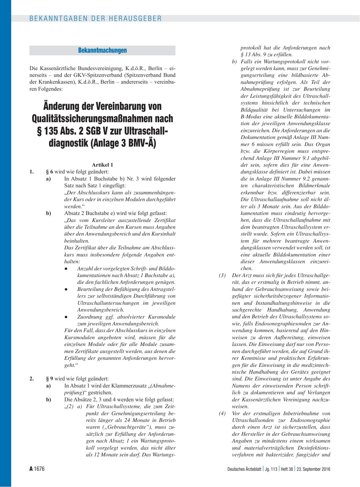 Vorschauseite 2: Änderung der Vereinbarung von Qualitätssicherungsmaßnahmen nach § 135 Abs. 2 SGB V zur Ultraschalldiagnostik (Ultraschall-Vereinbarung)