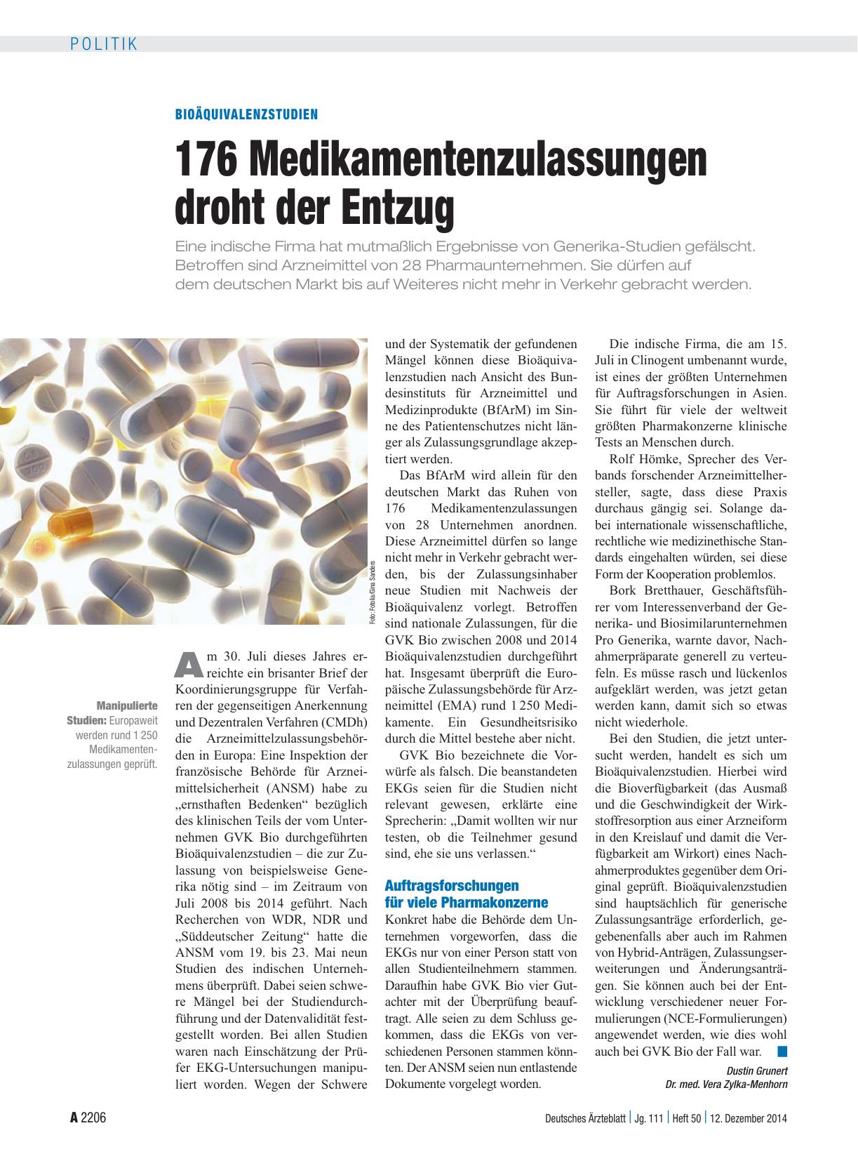 Vorschauseite 1: Bioäquivalenzstudien: 176 Medikamentenzulassungen droht der Entzug