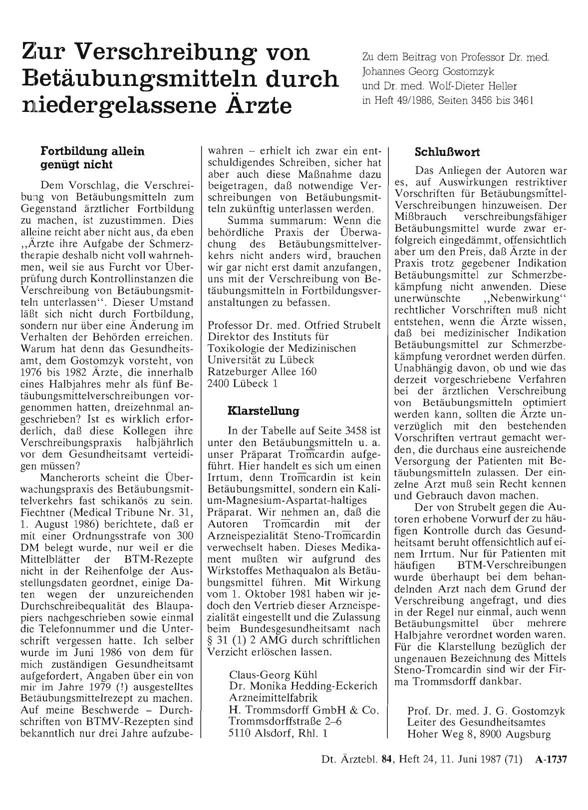 Vorschauseite 1: Zur Verschreibung von Betäubungsmitteln durch niedergelassene Ärzte: Klarstellung
