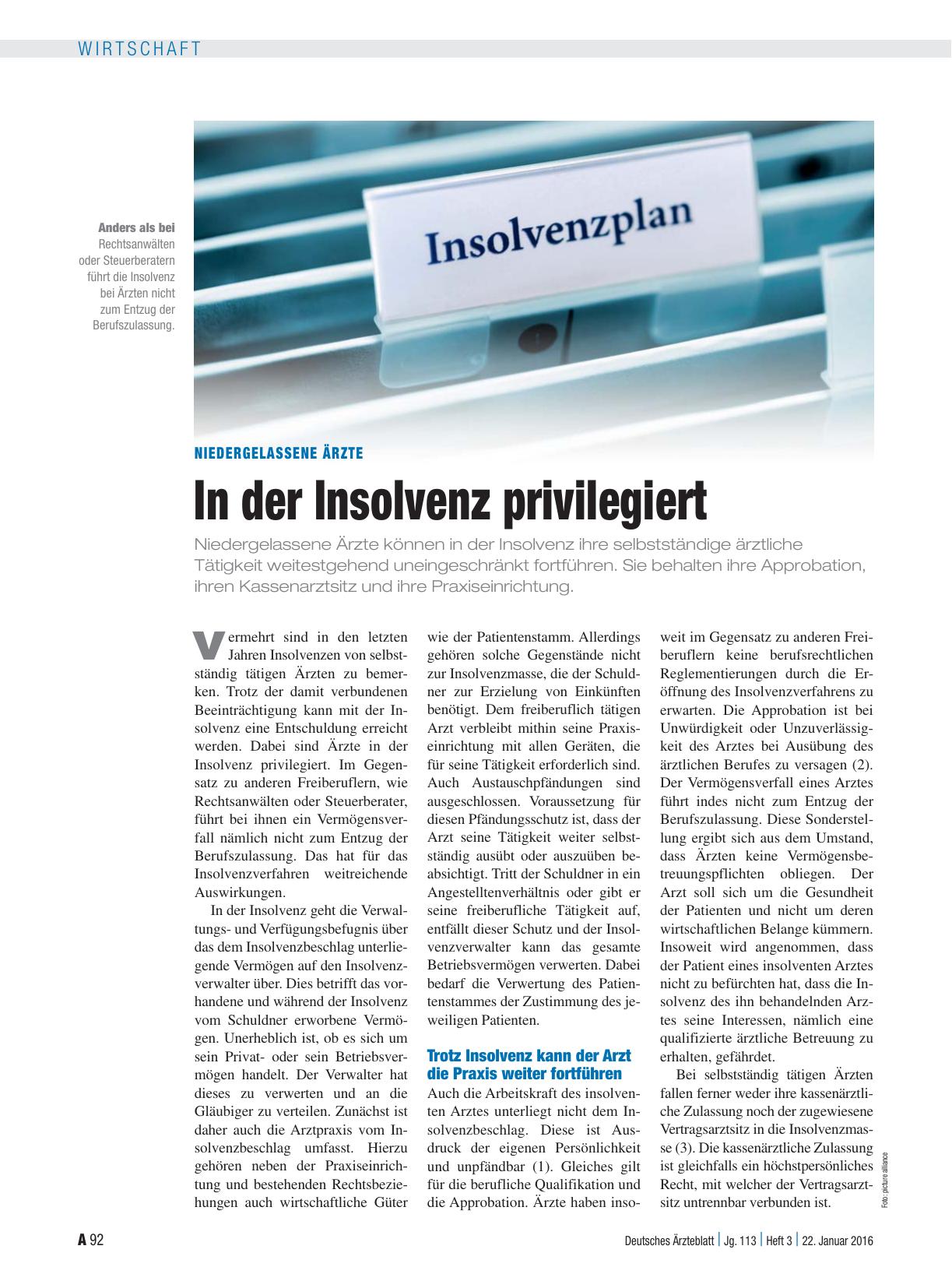 Vorschauseite 1: Niedergelassene Ärzte: In der Insolvenz privilegiert