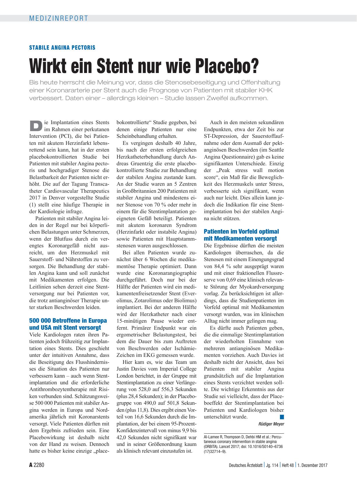 Vorschauseite 1: Stabile Angina pectoris: Wirkt ein Stent nur wie Placebo?