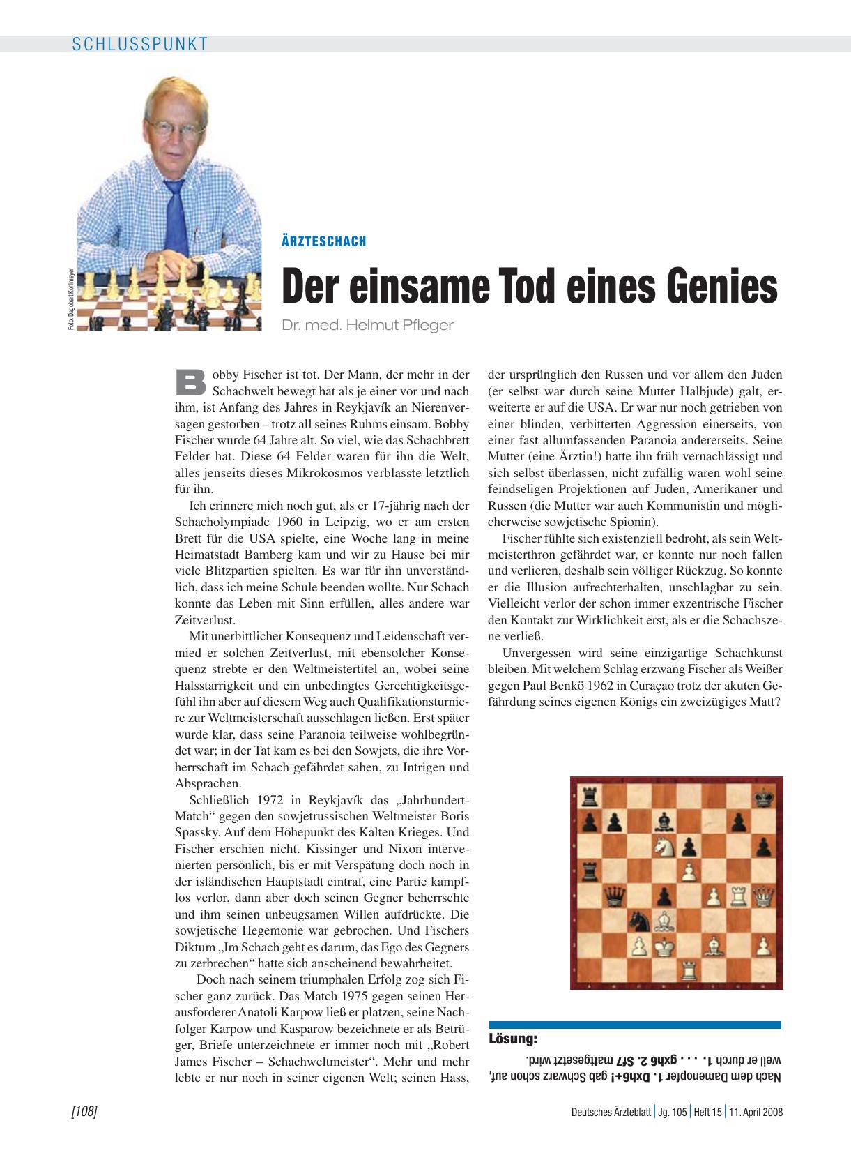 Vorschauseite 1: Ärzteschach: Der einsame Tod eines Genies