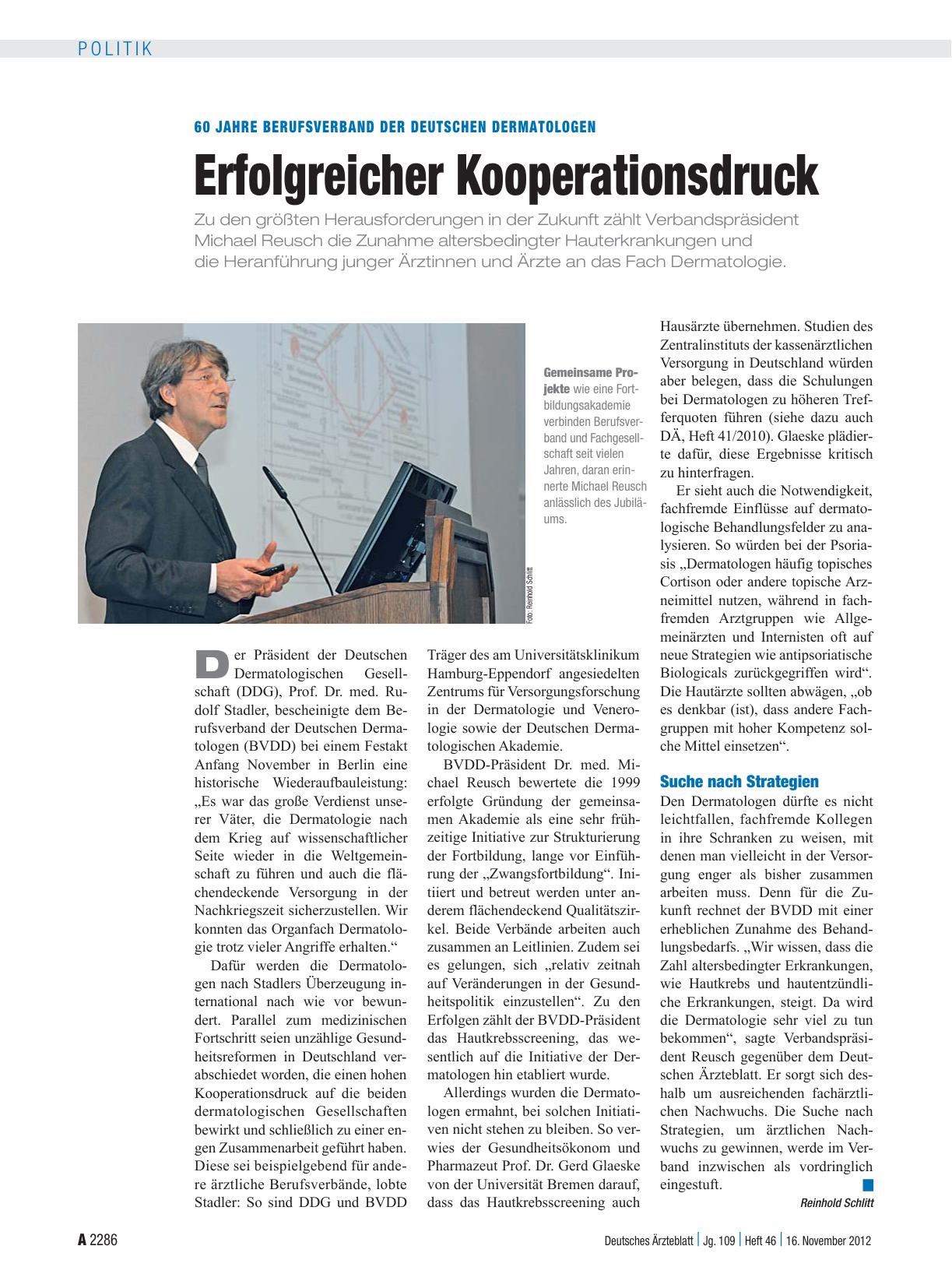 Vorschauseite 1: 60 Jahre Berufsverband der deutschen Dermatologen: Erfolgreicher Kooperationsdruck