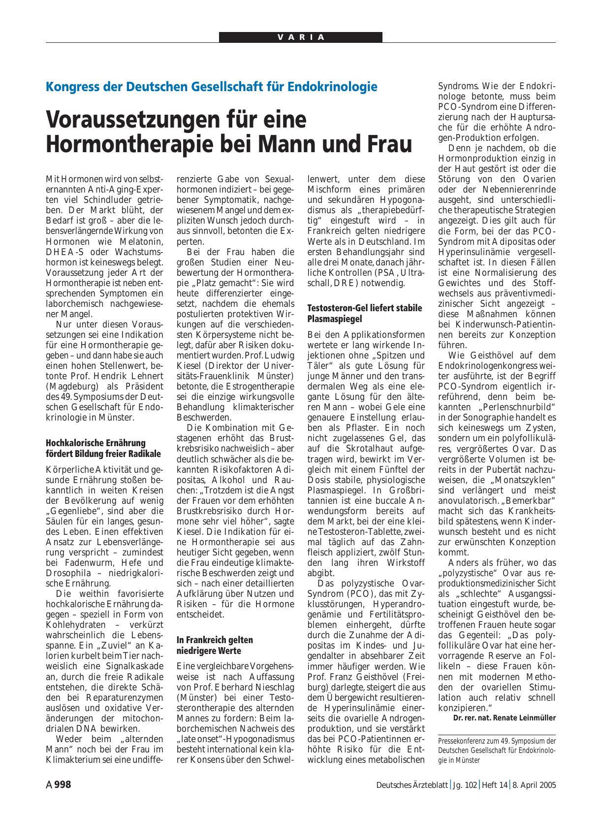 Vorschauseite 1: Kongress der Deutschen Gesellschaft für Endokrinologie: Voraussetzungen für eine Hormontherapie bei Mann und Frau