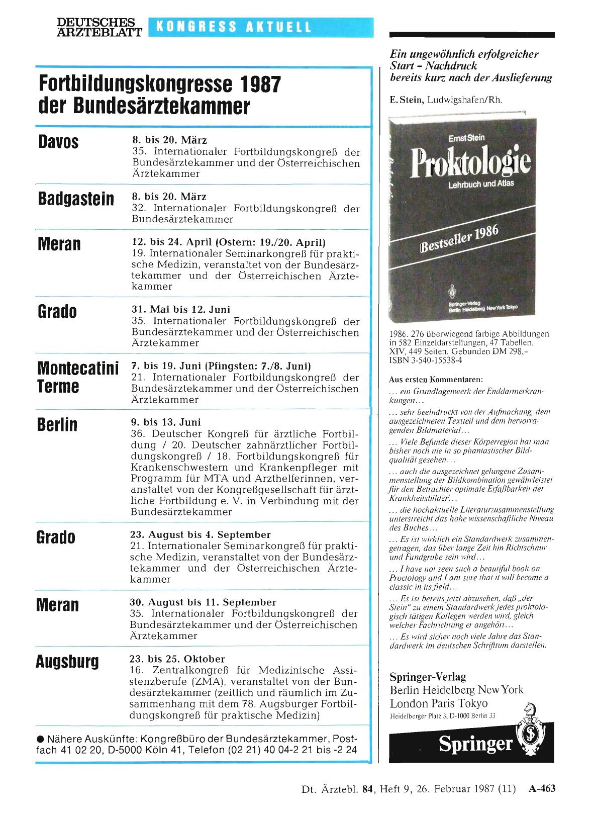 Vorschauseite 1: Fortbildungskongresse 1987 der Bundesärztekammer