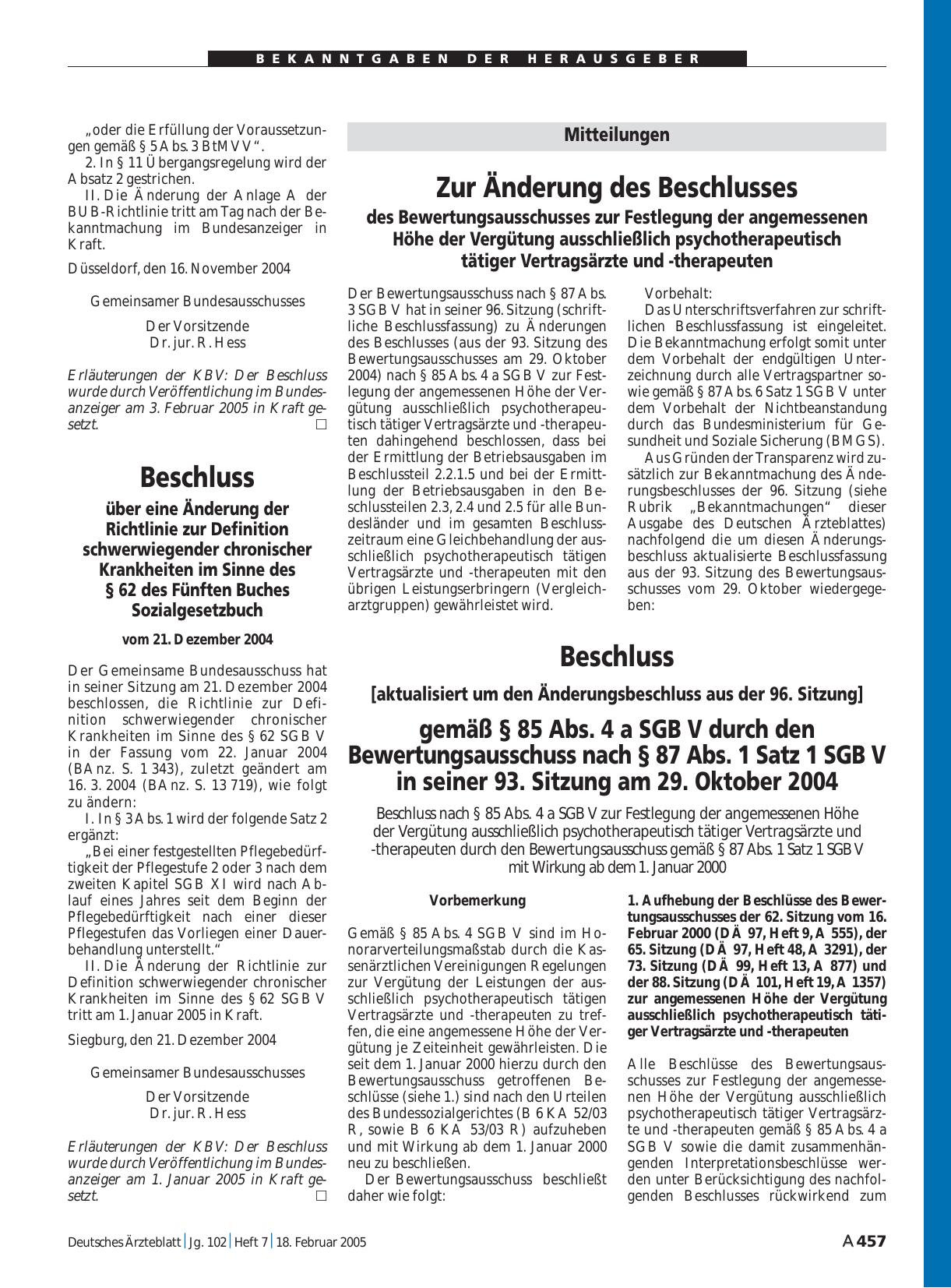 Vorschauseite 1: Mitteilungen: Zur Änderung des Beschlusses des Bewertungsausschusses zur Festlegung der angemessenen Höhe der Vergütung ausschließlich psychotherapeutisch tätiger Vertragsärzte un…