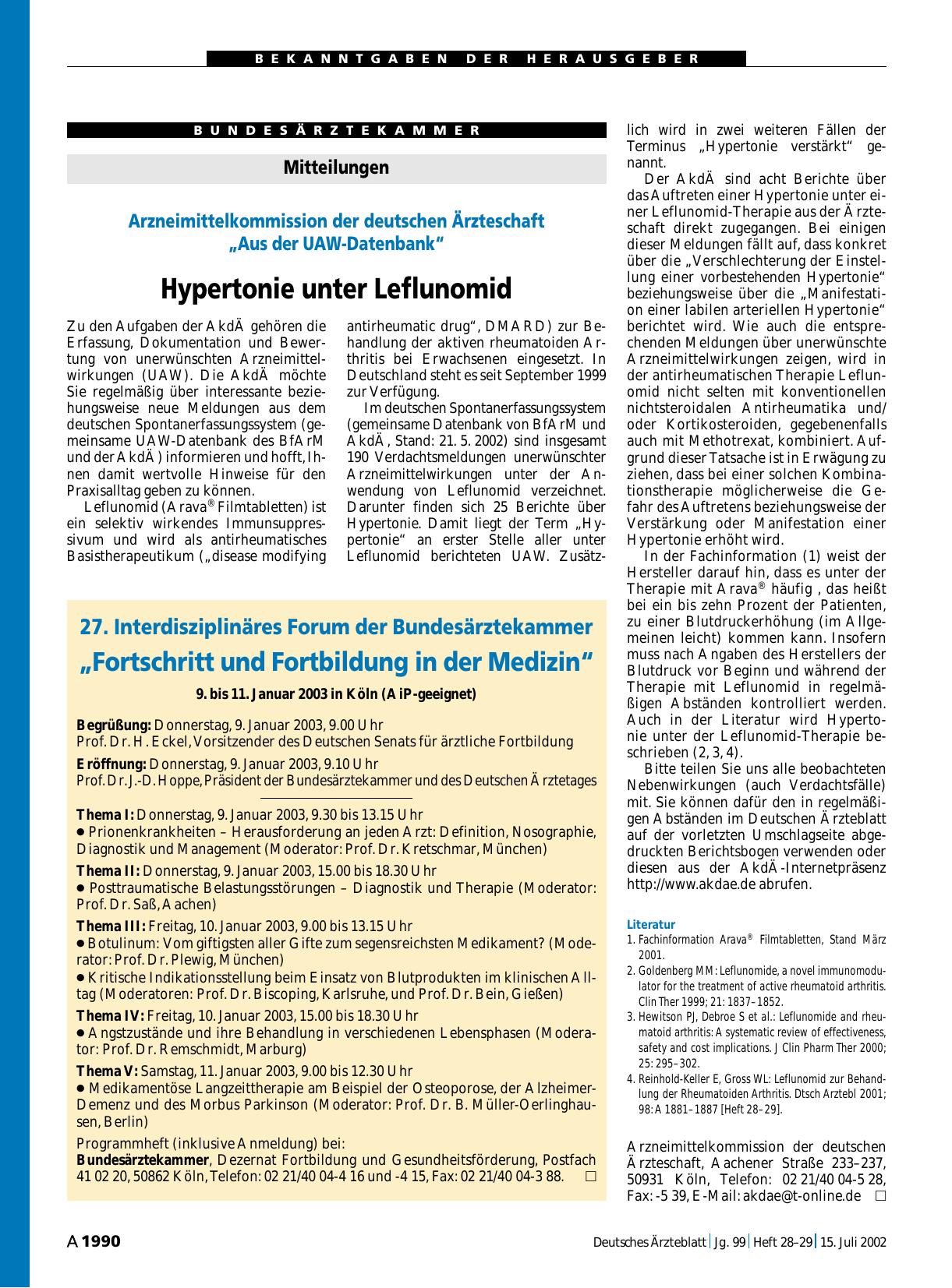 Vorschauseite 1: 27. Interdisziplinäres Forum der Bundesärztekammer: „Fortschritt und Fortbildung in der Medizin“