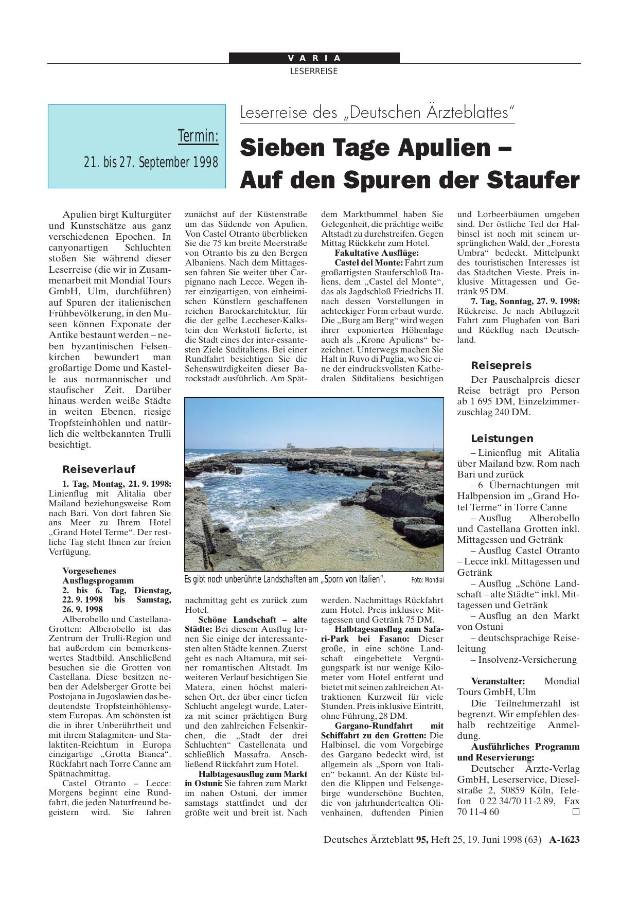 Vorschauseite 1: Leserreise des „Deutschen Ärzteblattes“: Sieben Tage Apulien - Auf den Spuren der Staufer