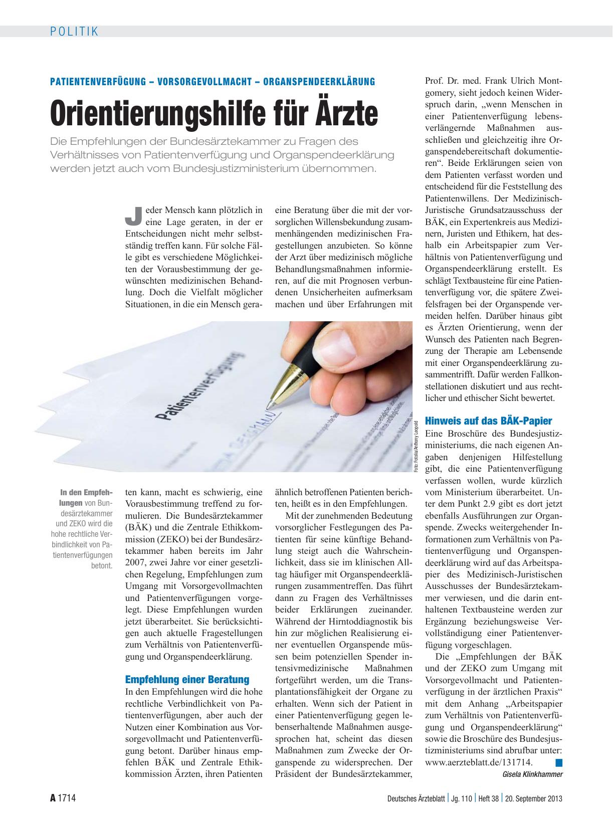 Vorschauseite 1: Patientenverfügung – Vorsorgevollmacht – Organspendeerklärung: Orientierungshilfe für Ärzte