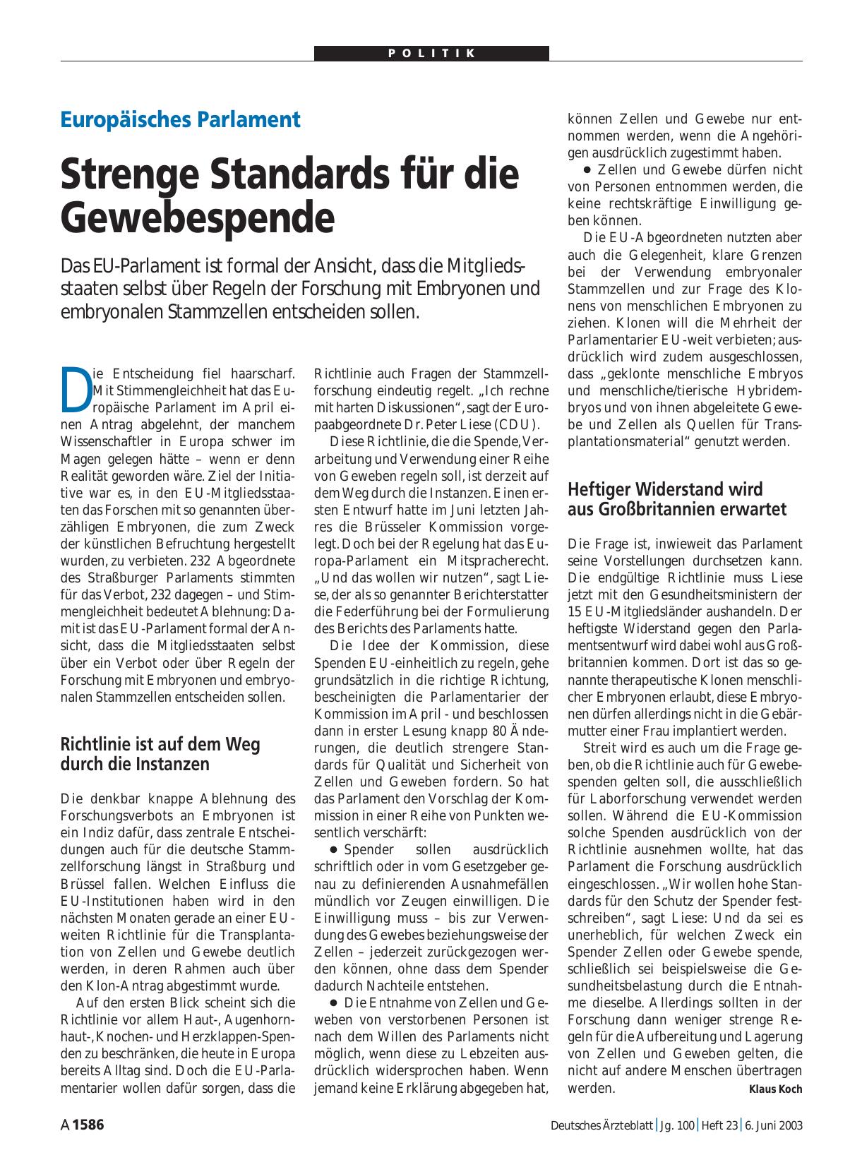 Vorschauseite 1: Europäisches Parlament: Strenge Standards für die Gewebespende