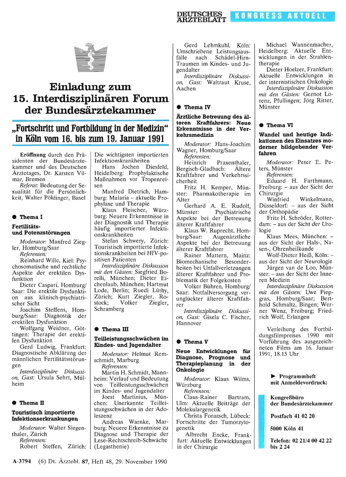 Vorschauseite 1: Einladung zwn 15. Interdisziplinären Forum der Bundesärztekammer: „Fortschritt und Fortbildung in der Medizin“ in Köln vom 16. bis zum 19. Januar 1991