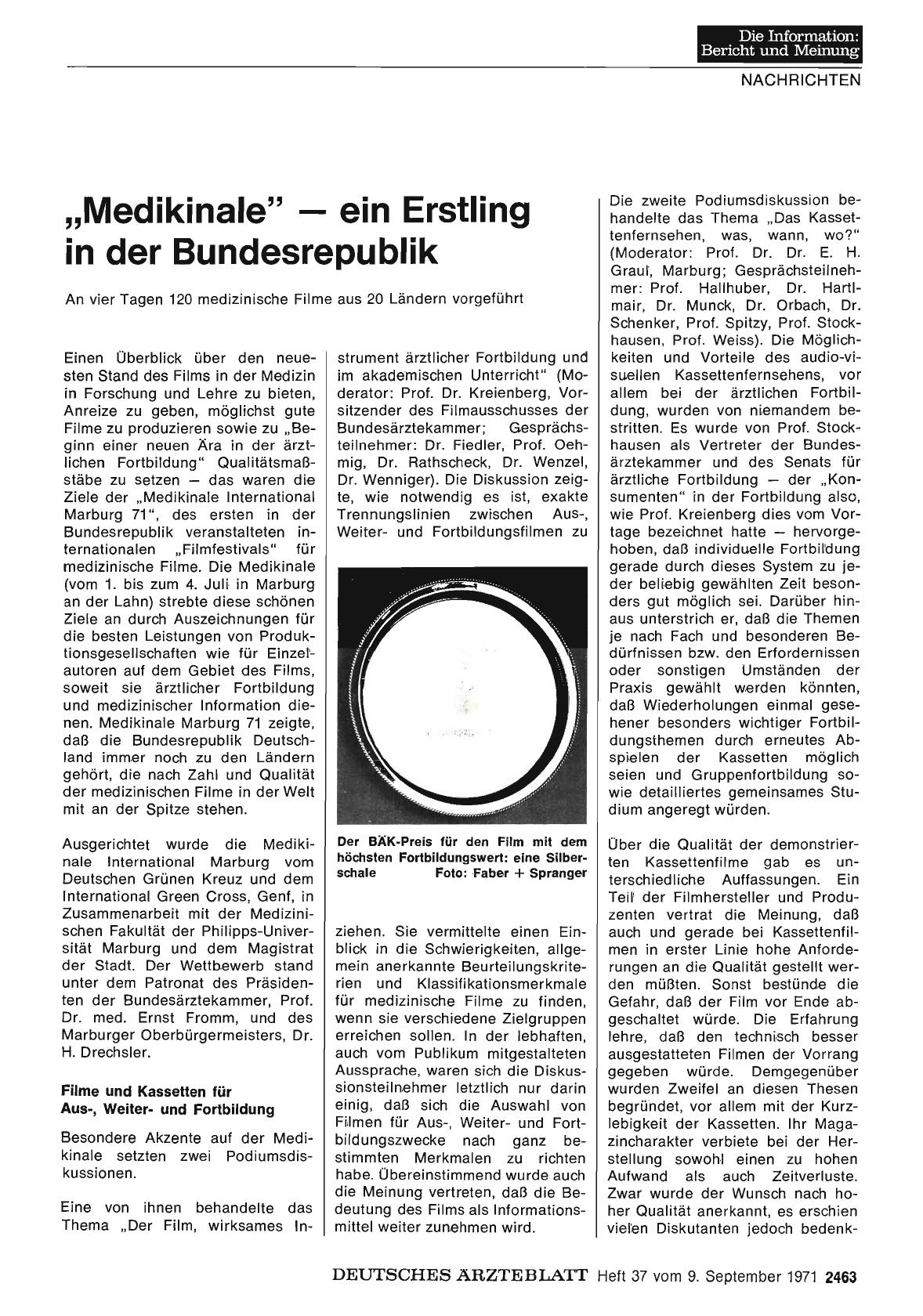 Vorschauseite 1: „Medikinale” ein Erstling in der Bundesrepublik