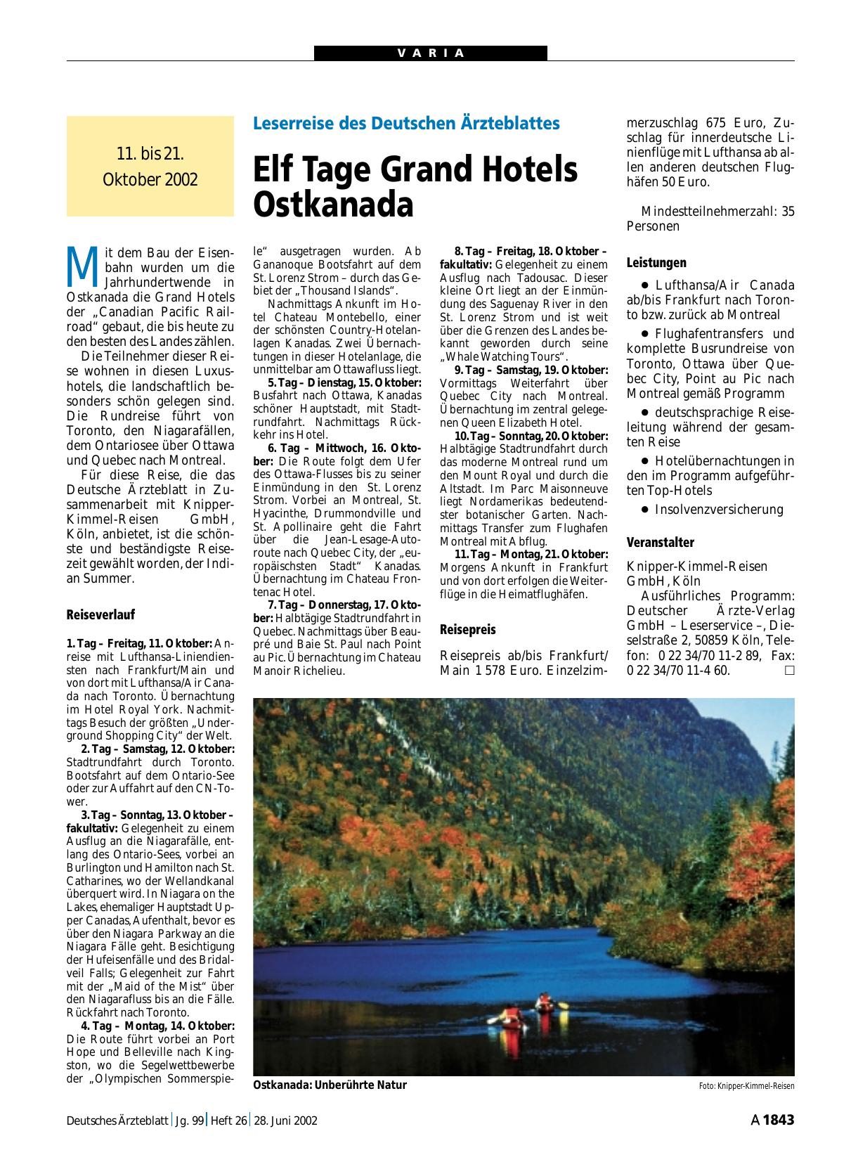 Vorschauseite 1: Leserreise des Deutschen Ärzteblattes: Elf Tage Grand Hotels Ostkanada